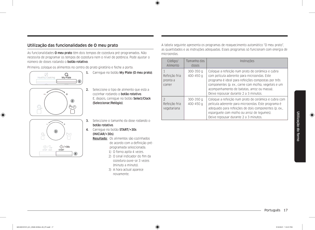 Samsung MG28J5255US/EC Utilização das funcionalidades de O meu prato, Coloque a refeição num prato de cerâmica e cubra 