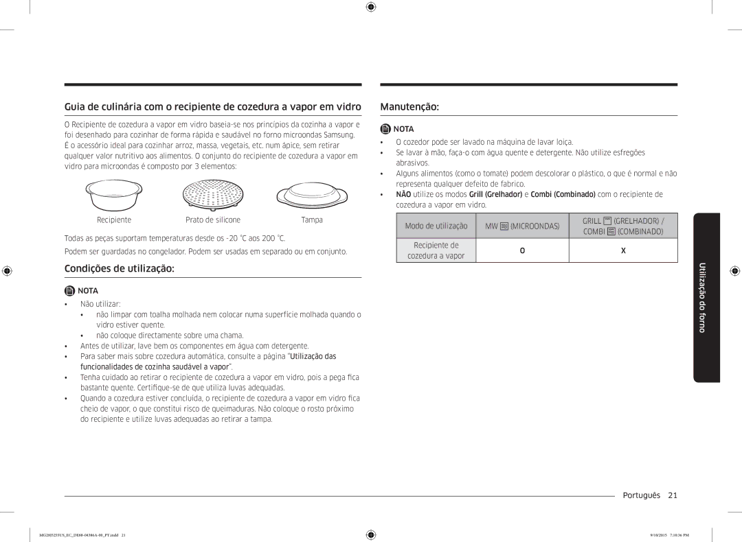 Samsung MG28J5255US/EC manual Condições de utilização, Manutenção 