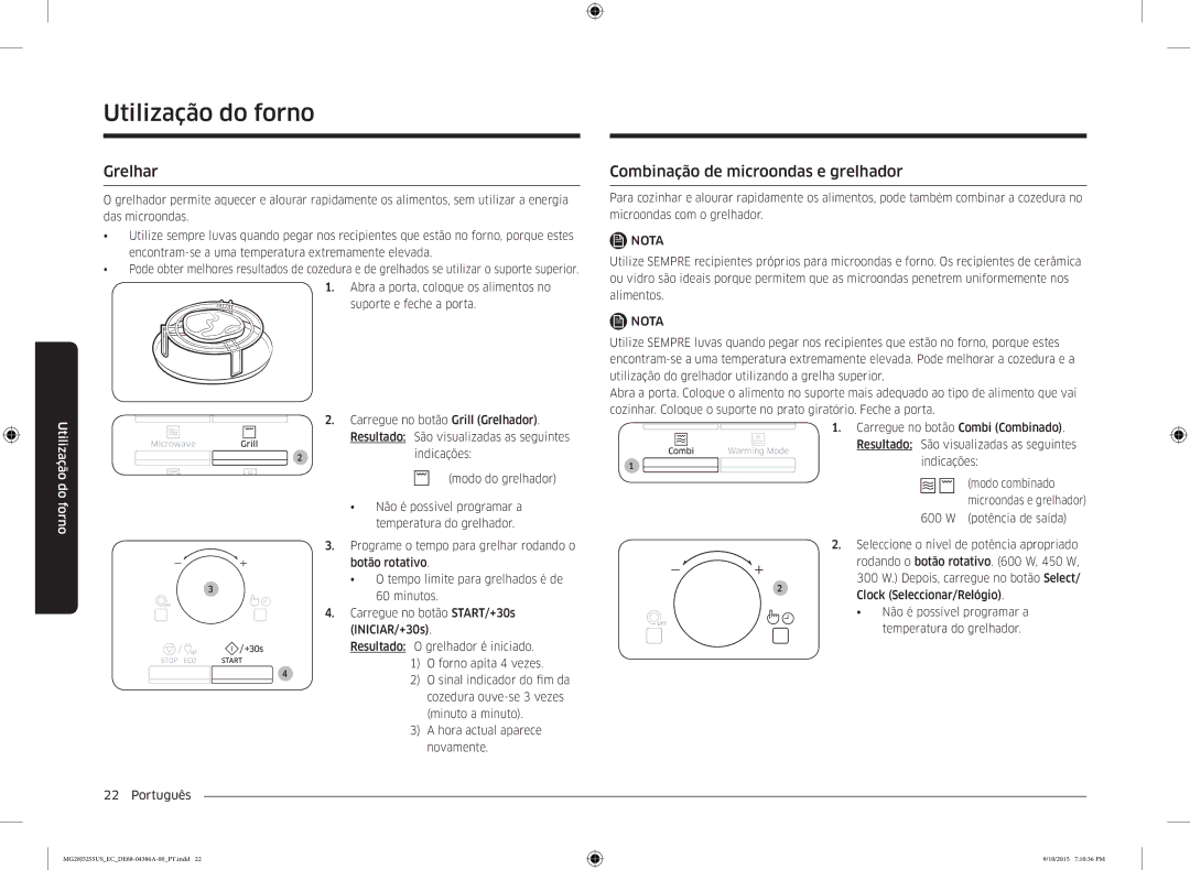 Samsung MG28J5255US/EC manual Grelhar, Combinação de microondas e grelhador 