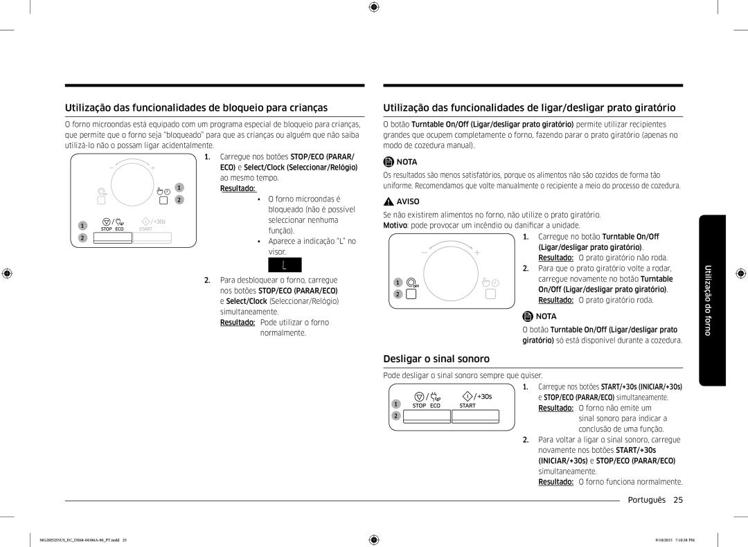 Samsung MG28J5255US/EC manual Utilização das funcionalidades de bloqueio para crianças, Desligar o sinal sonoro 