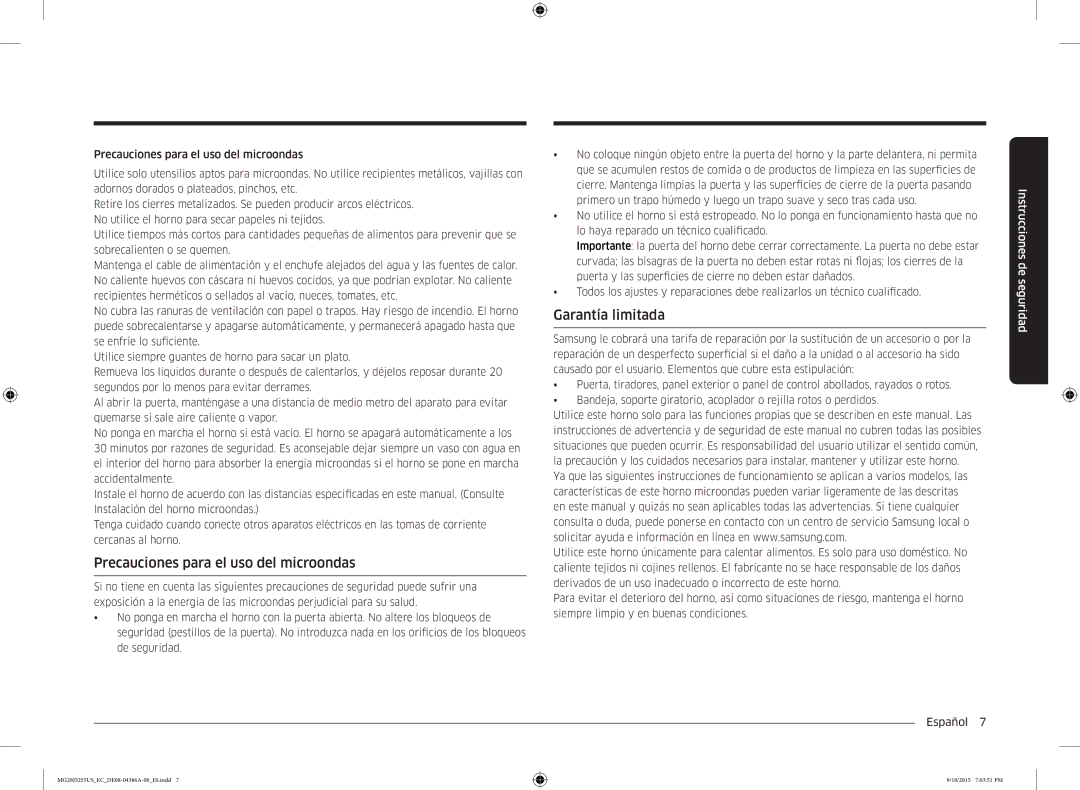 Samsung MG28J5255US/EC manual Precauciones para el uso del microondas, Garantía limitada 