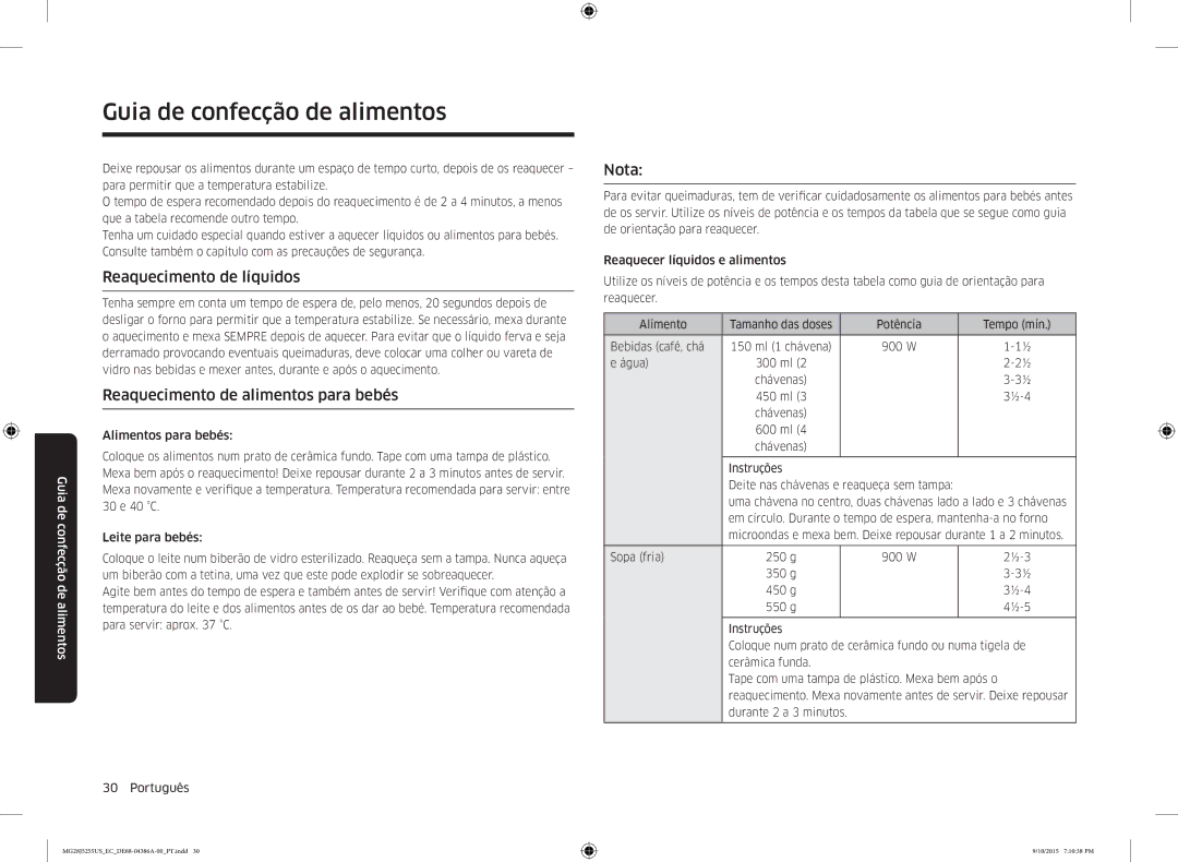 Samsung MG28J5255US/EC manual Reaquecimento de líquidos, Reaquecimento de alimentos para bebés, Nota 