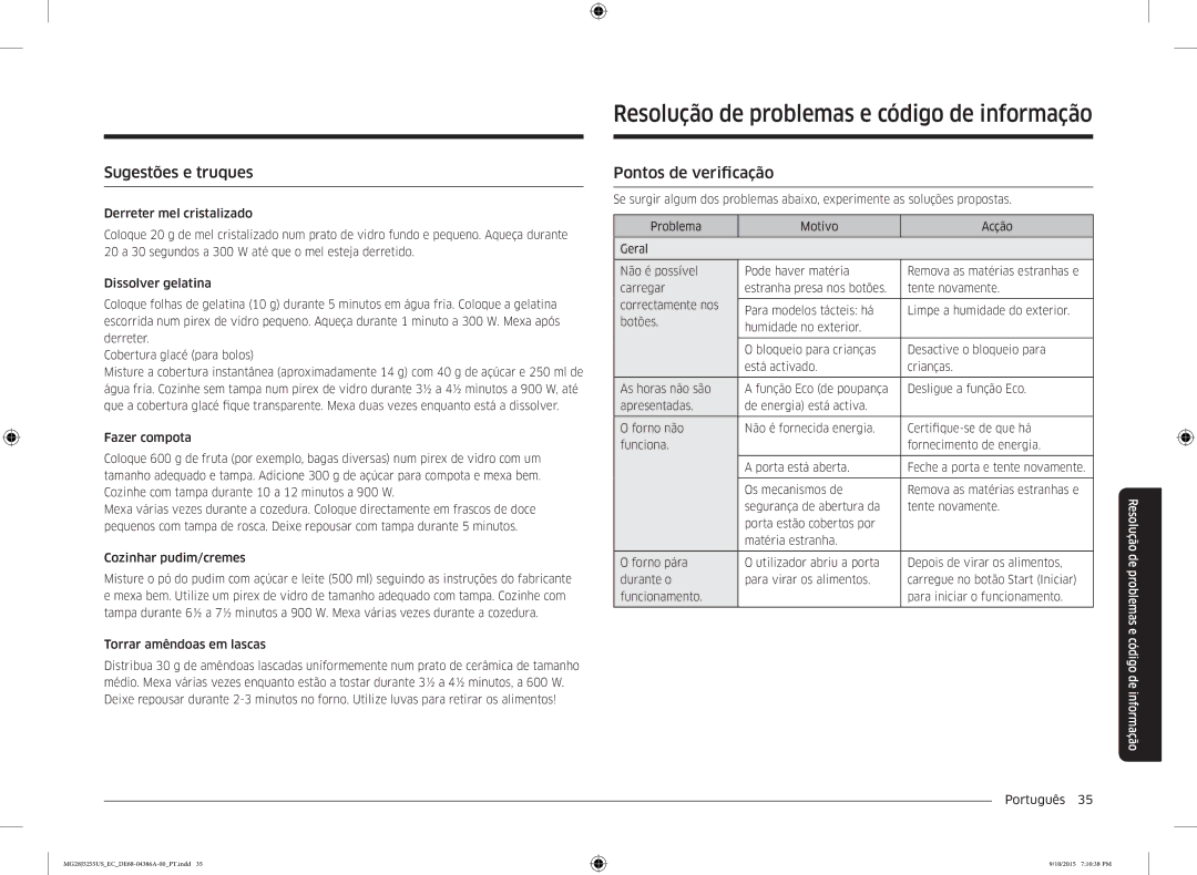 Samsung MG28J5255US/EC manual Resolução de problemas e código de informação, Sugestões e truques, Pontos de verificação 