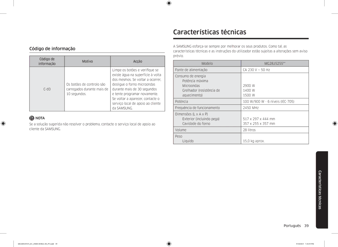 Samsung MG28J5255US/EC manual Características técnicas, Código de informação 