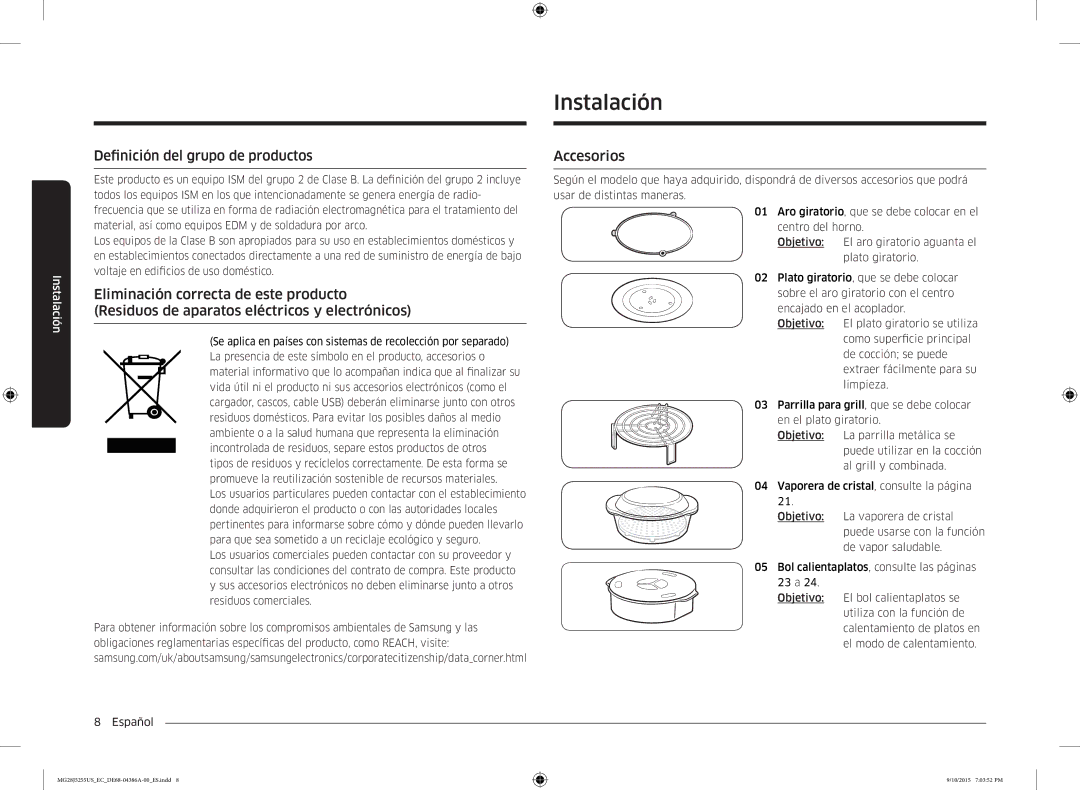 Samsung MG28J5255US/EC manual Instalación, Definición del grupo de productos, Accesorios 