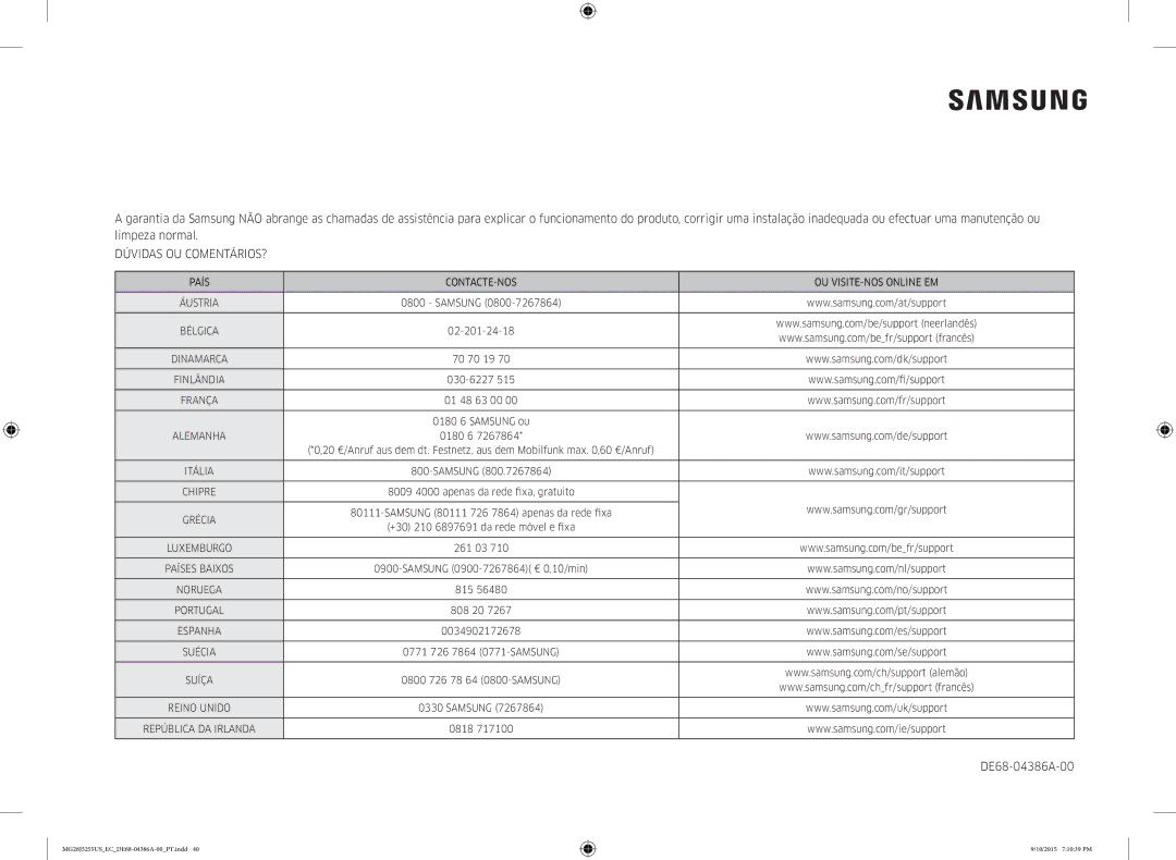 Samsung MG28J5255US/EC manual Dúvidas OU COMENTÁRIOS?, País CONTACTE-NOS OU VISITE-NOS Online EM 