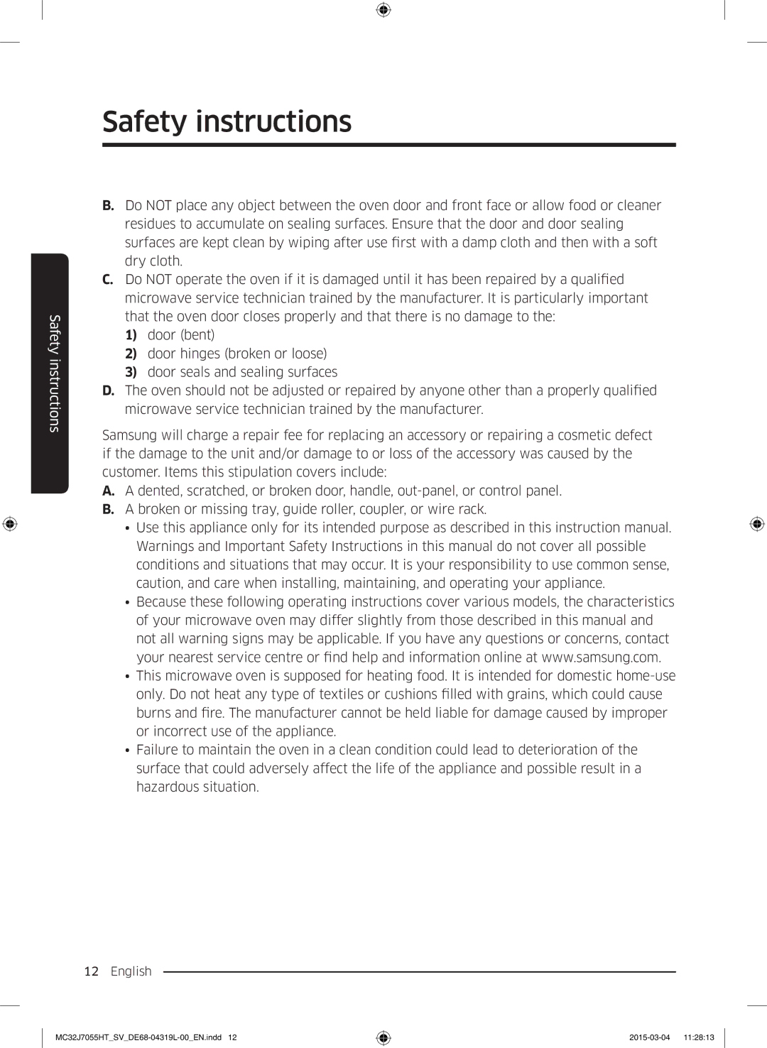 Samsung MG28J5255US/SV, MC32J7055HT/SV manual Safety instructions 