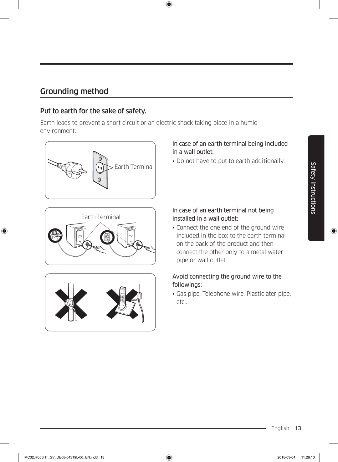 Samsung MC32J7055HT/SV, MG28J5255US/SV manual Grounding method 