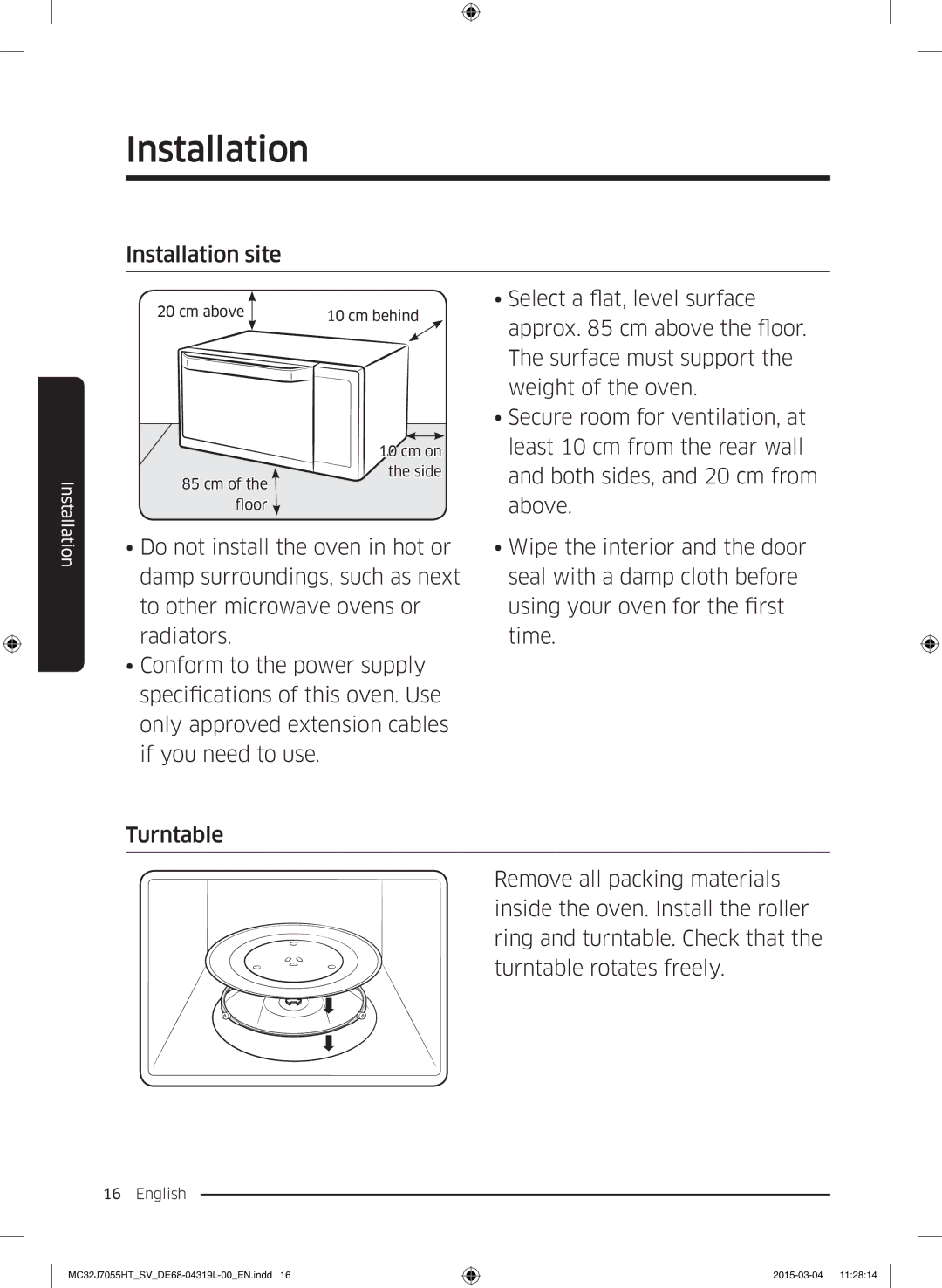 Samsung MG28J5255US/SV, MC32J7055HT/SV manual Installation site 