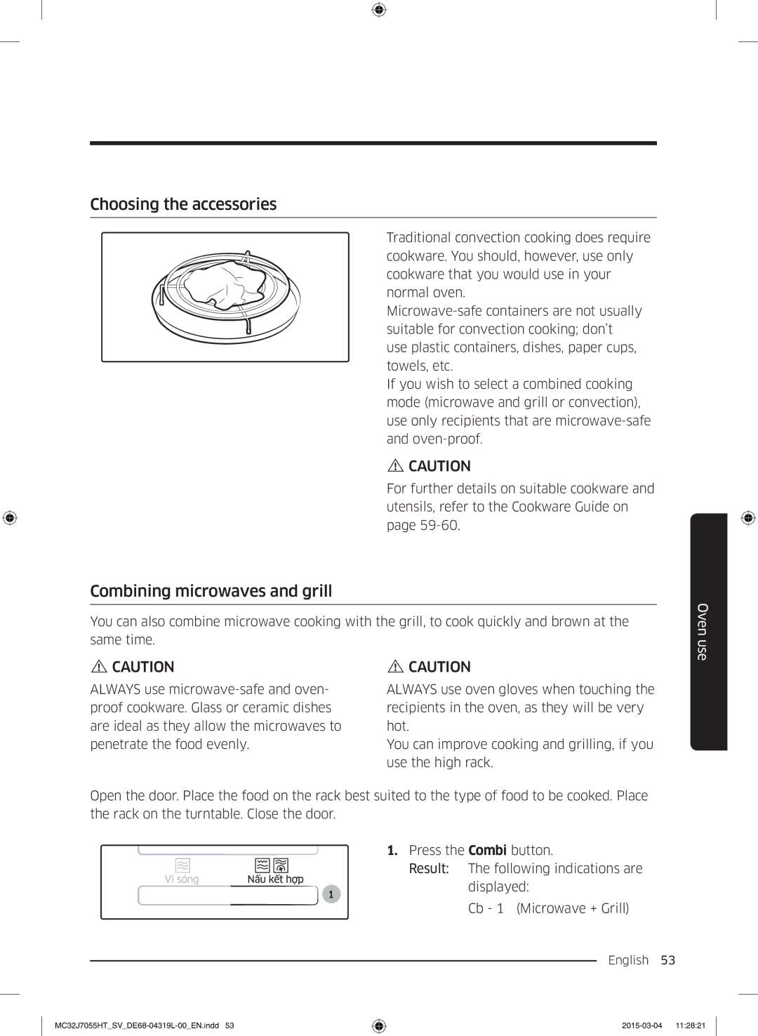 Samsung MC32J7055HT/SV, MG28J5255US/SV manual Choosing the accessories, Combining microwaves and grill 