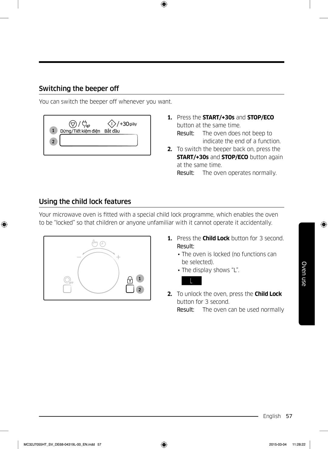 Samsung MC32J7055HT/SV, MG28J5255US/SV manual Switching the beeper off, Using the child lock features 