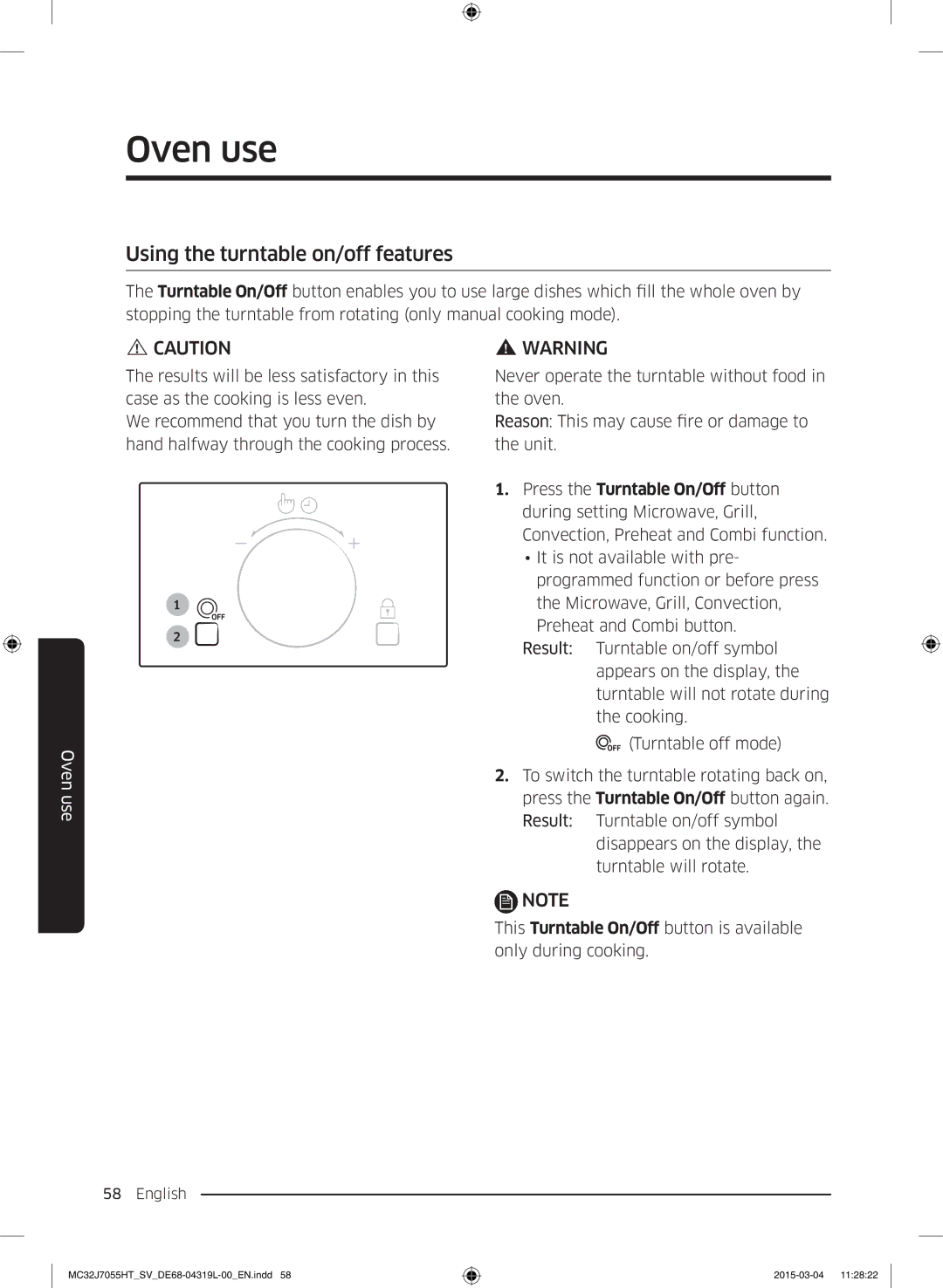 Samsung MG28J5255US/SV, MC32J7055HT/SV manual Using the turntable on/off features 