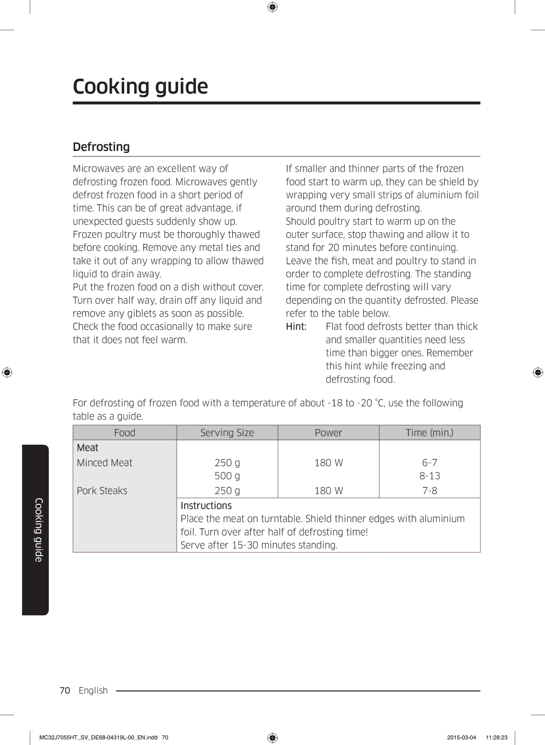 Samsung MG28J5255US/SV, MC32J7055HT/SV manual Defrosting 
