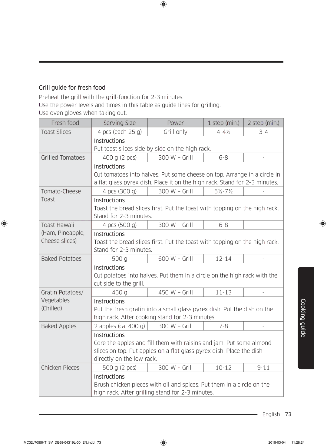 Samsung MC32J7055HT/SV, MG28J5255US/SV manual Cooking guide 