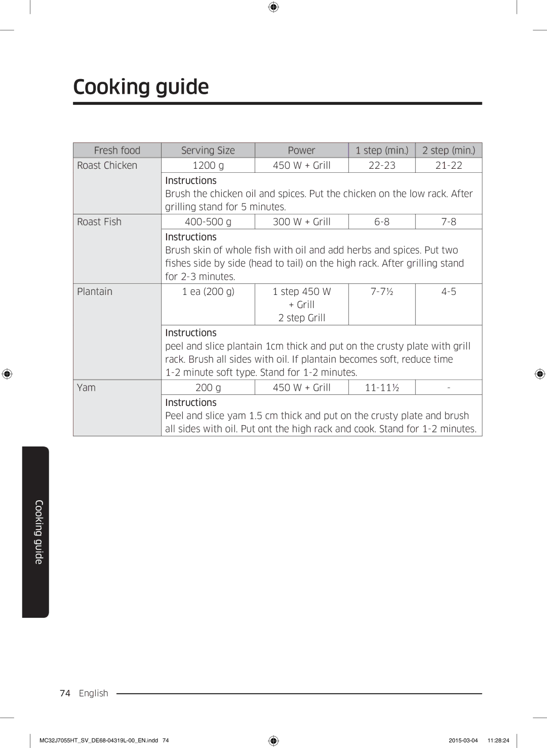 Samsung MG28J5255US/SV, MC32J7055HT/SV manual Cooking guide 