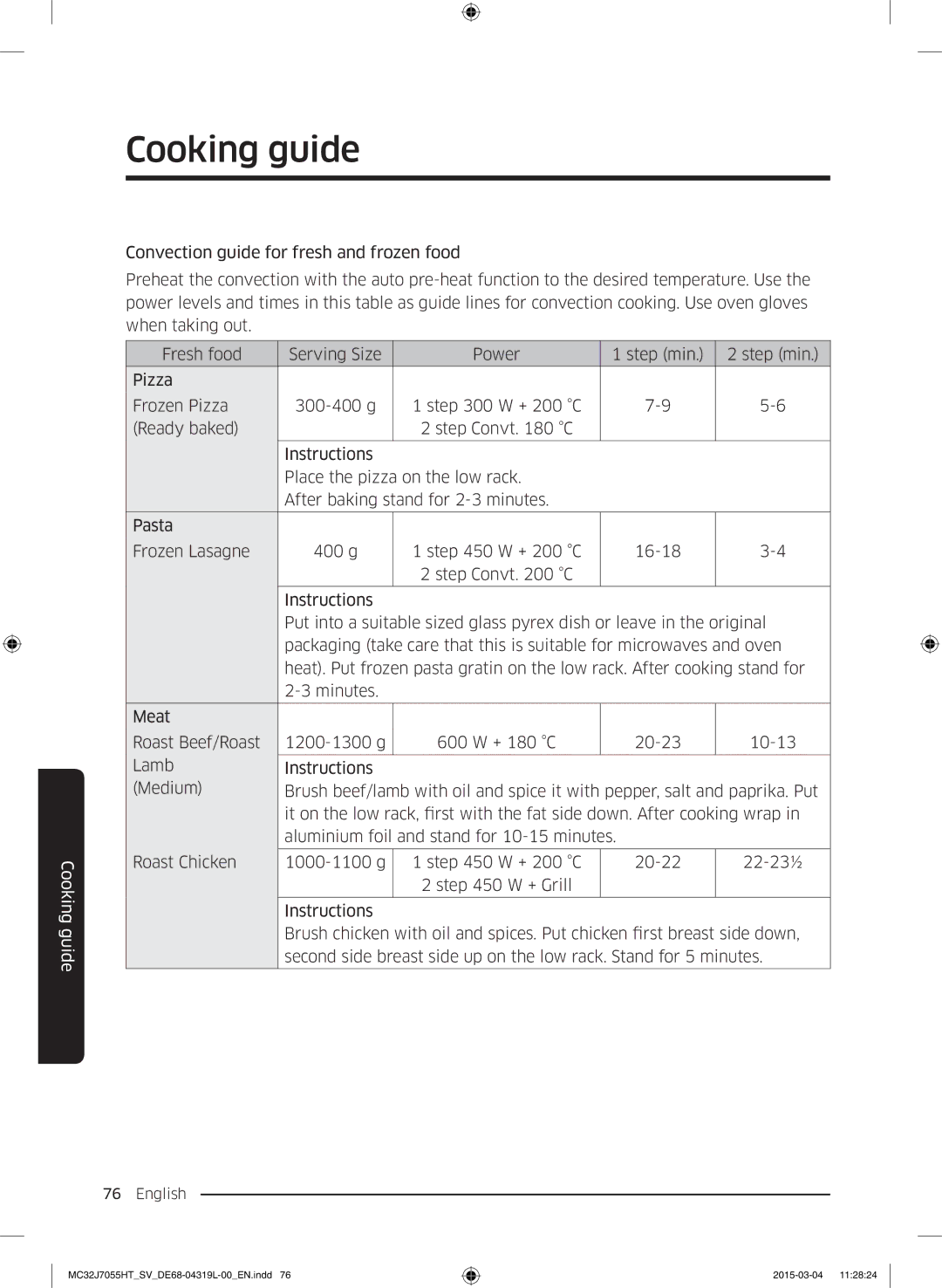 Samsung MG28J5255US/SV, MC32J7055HT/SV manual Cooking guide 