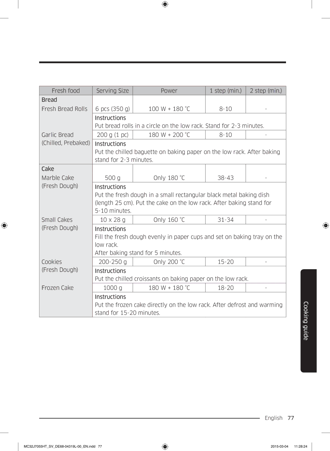 Samsung MC32J7055HT/SV, MG28J5255US/SV manual Cooking guide 