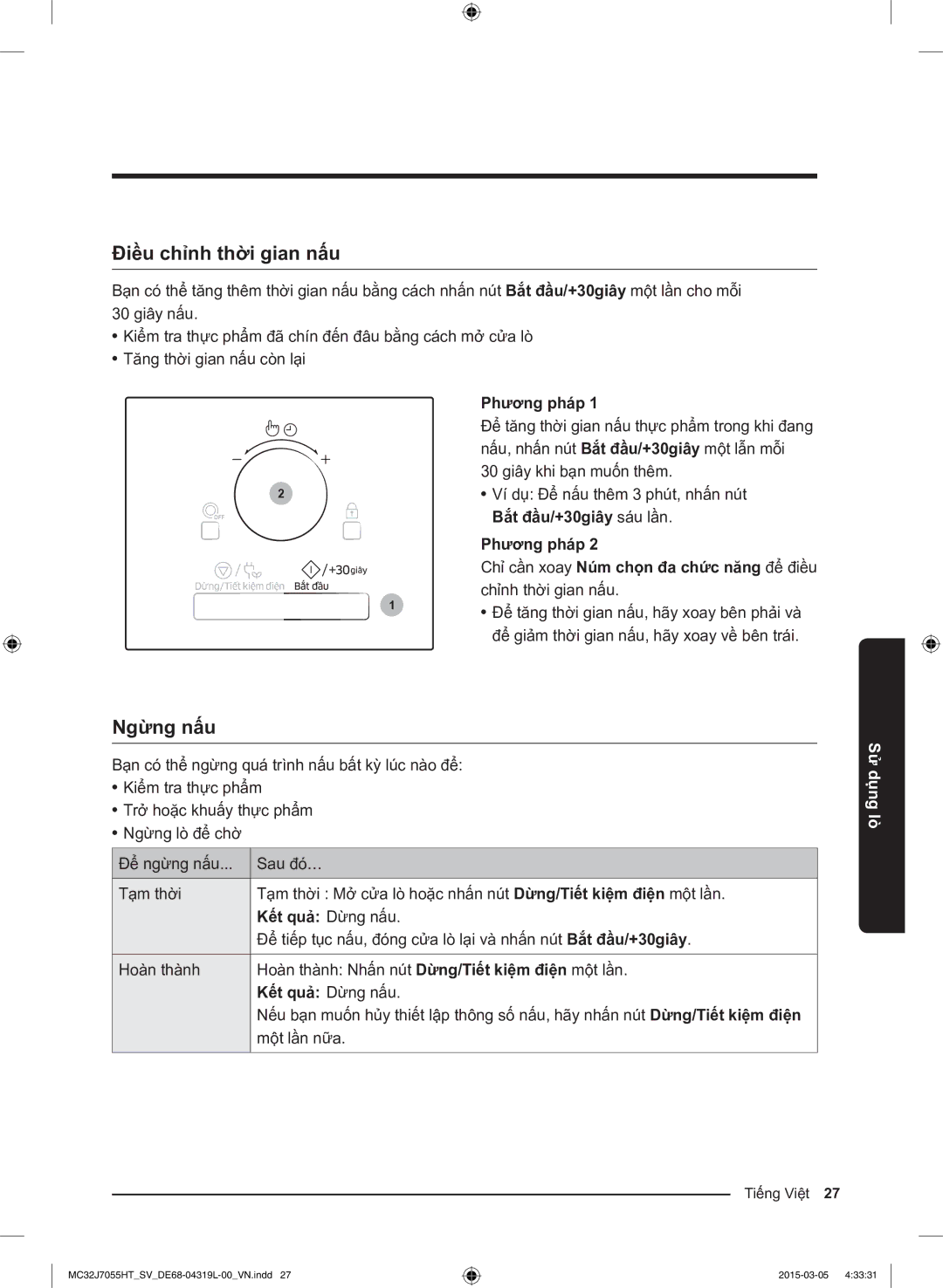 Samsung MC32J7055HT/SV manual Điều chỉnh thời gian nấu, Ngừng nấu, Phương pháp, Bắt đầu/+30giây sáu lần, Kết quả Dừng nấu 