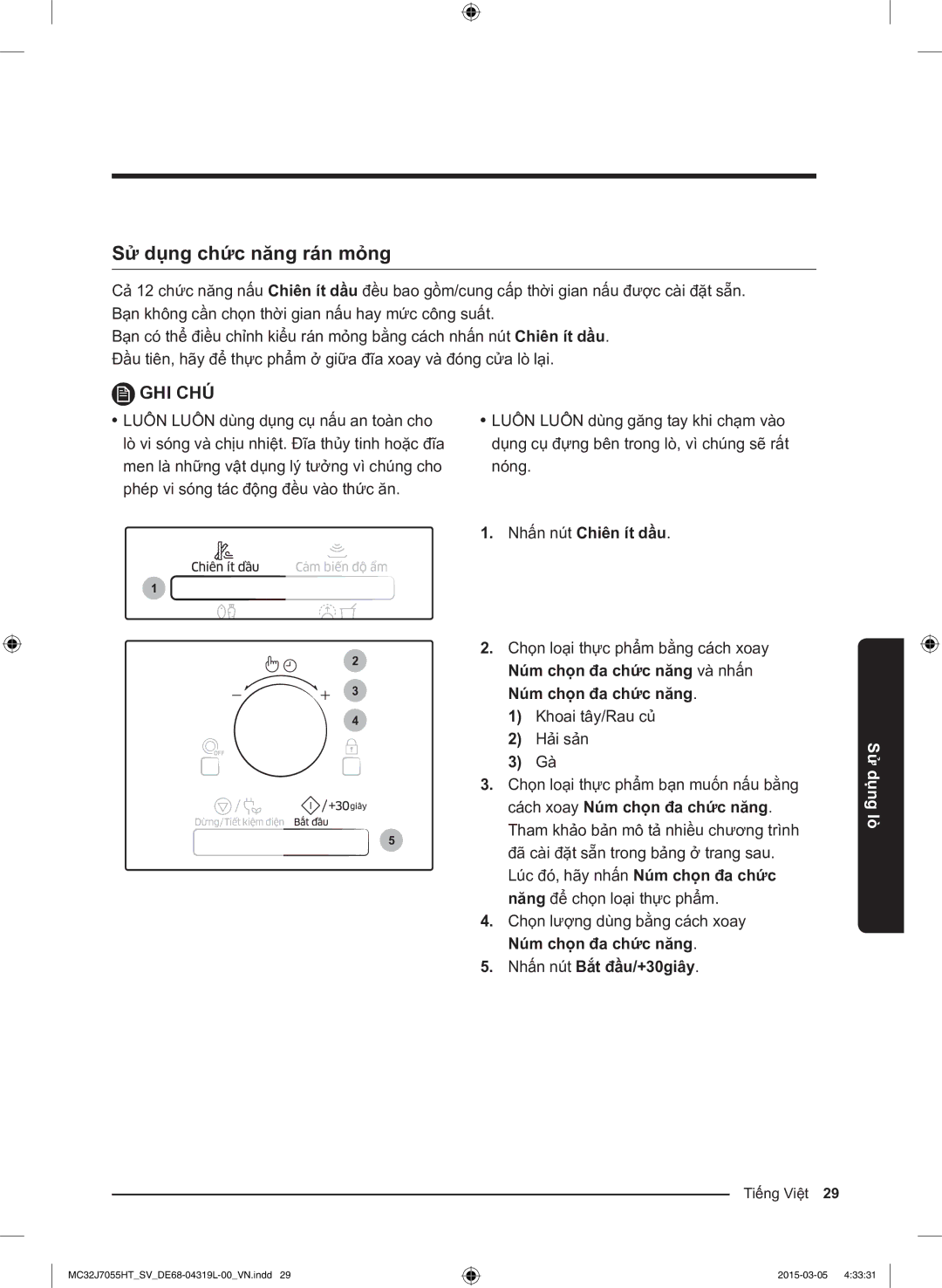 Samsung MC32J7055HT/SV, MG28J5255US/SV manual Sử dụng chức năng rán mỏng, Nhấn nút Chiên ít dầu 