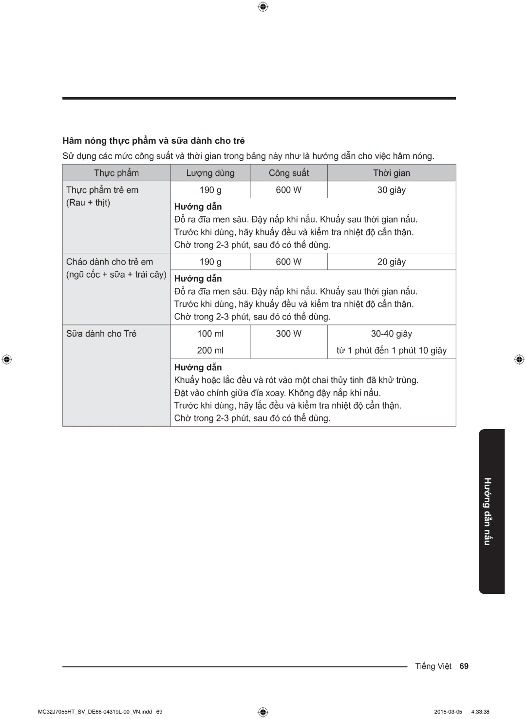 Samsung MC32J7055HT/SV, MG28J5255US/SV manual Hâm nóng thực phẩm và sữa dành cho trẻ 