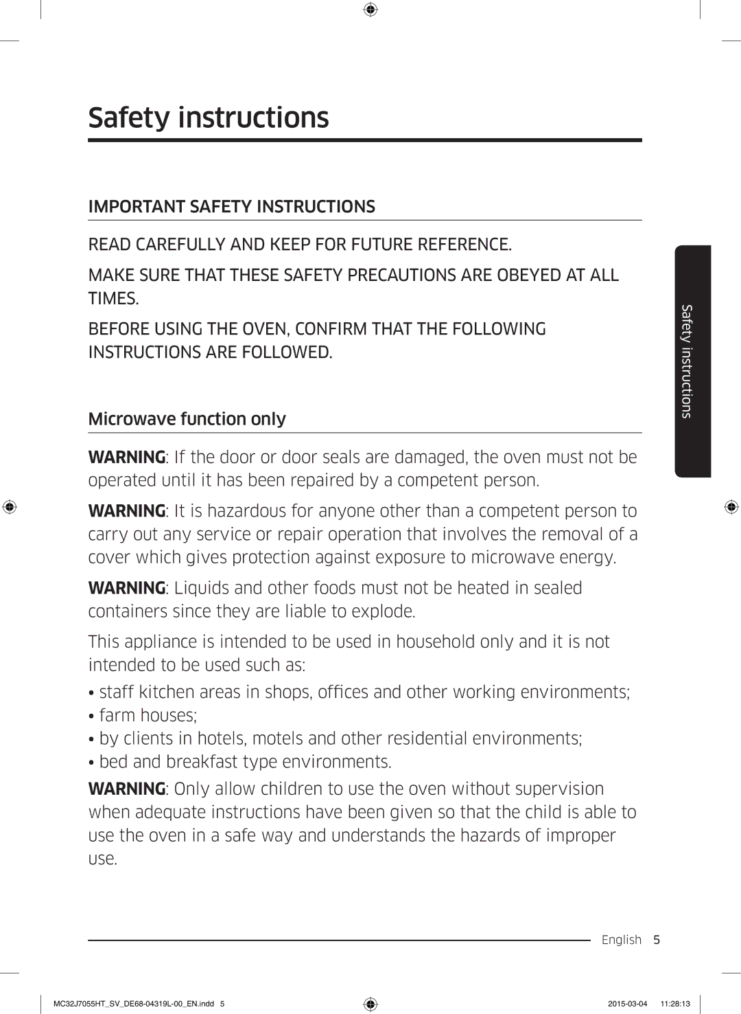 Samsung MC32J7055HT/SV, MG28J5255US/SV manual Safety instructions 