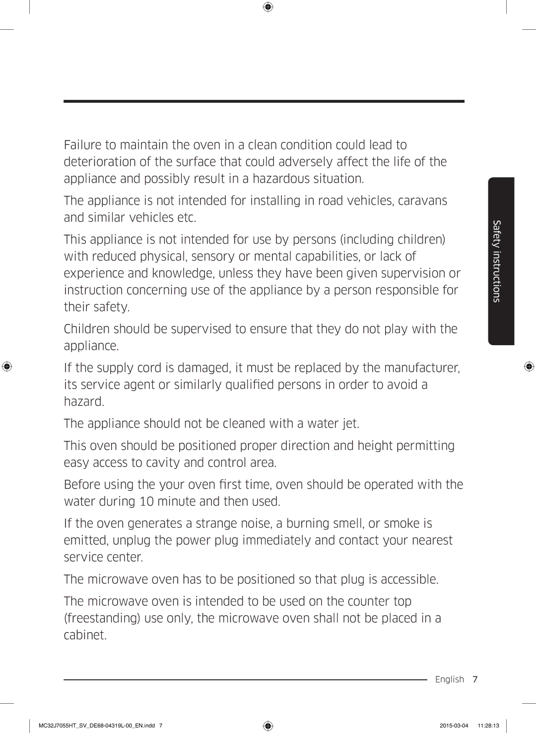 Samsung MC32J7055HT/SV, MG28J5255US/SV manual Safety instructions 