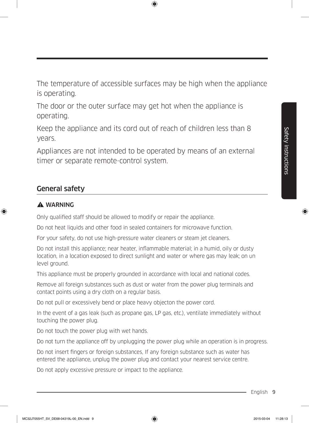 Samsung MC32J7055HT/SV, MG28J5255US/SV manual Safety instructions 