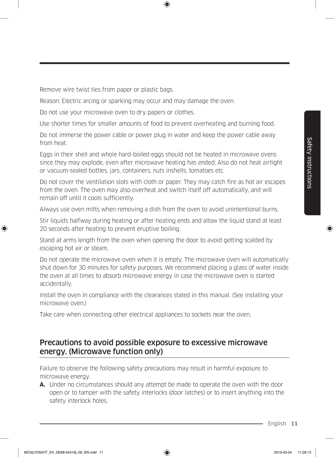 Samsung MC32J7055HT/SV, MG28J5255US/SV manual Safety instructions 