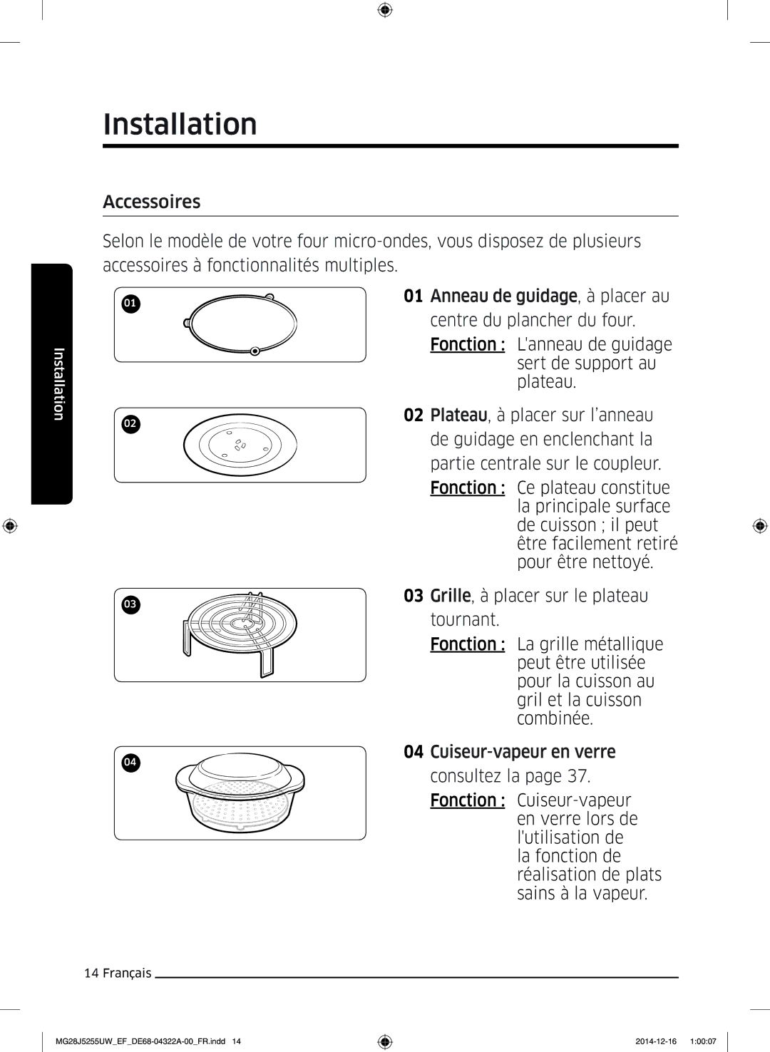 Samsung MG28J5255UW/EF manual Installation, Plateau, à placer sur l’anneau 