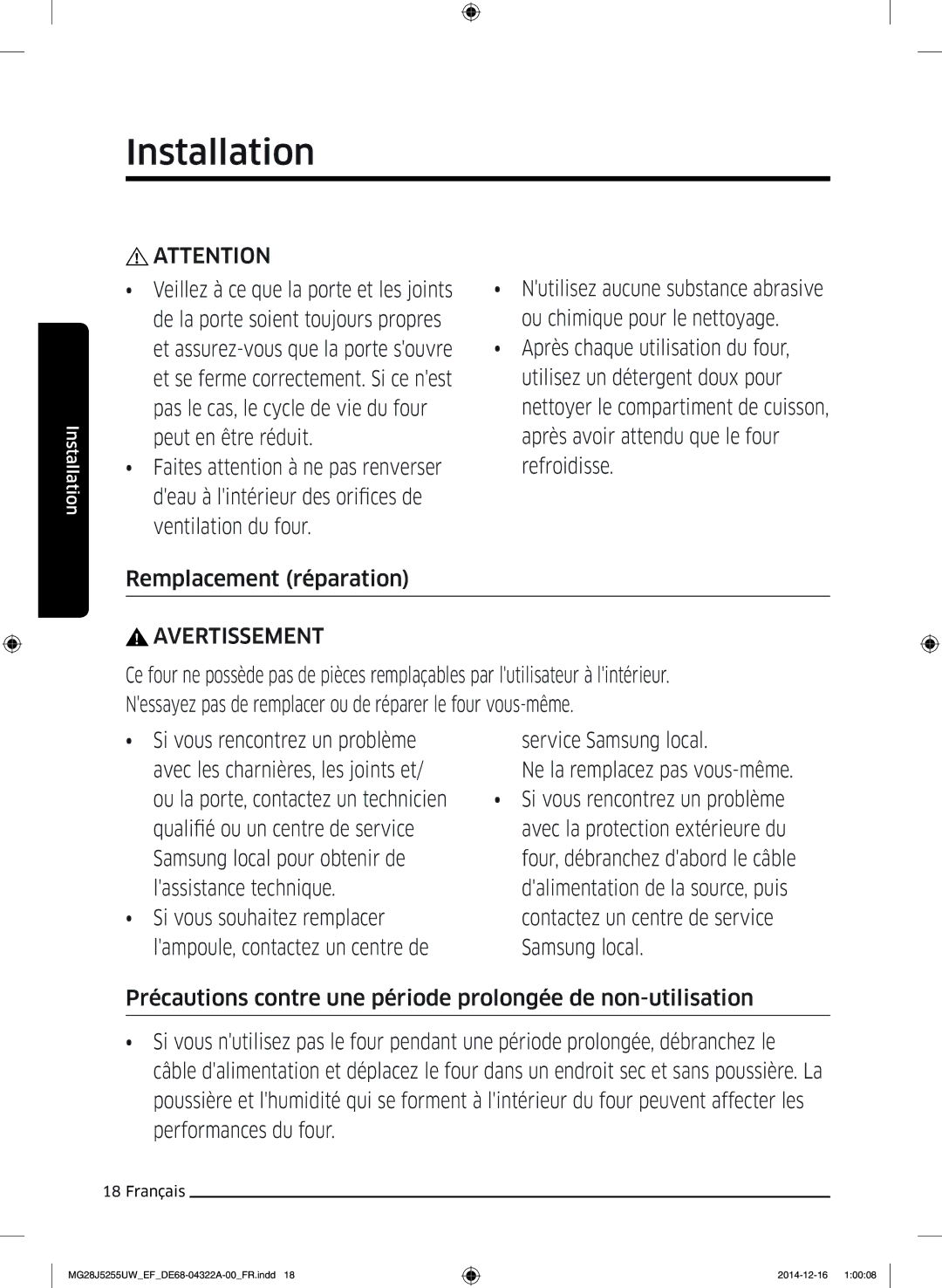 Samsung MG28J5255UW/EF manual Entretien, Veillez à ce que la porte et les joints, Samsung local pour obtenir de 