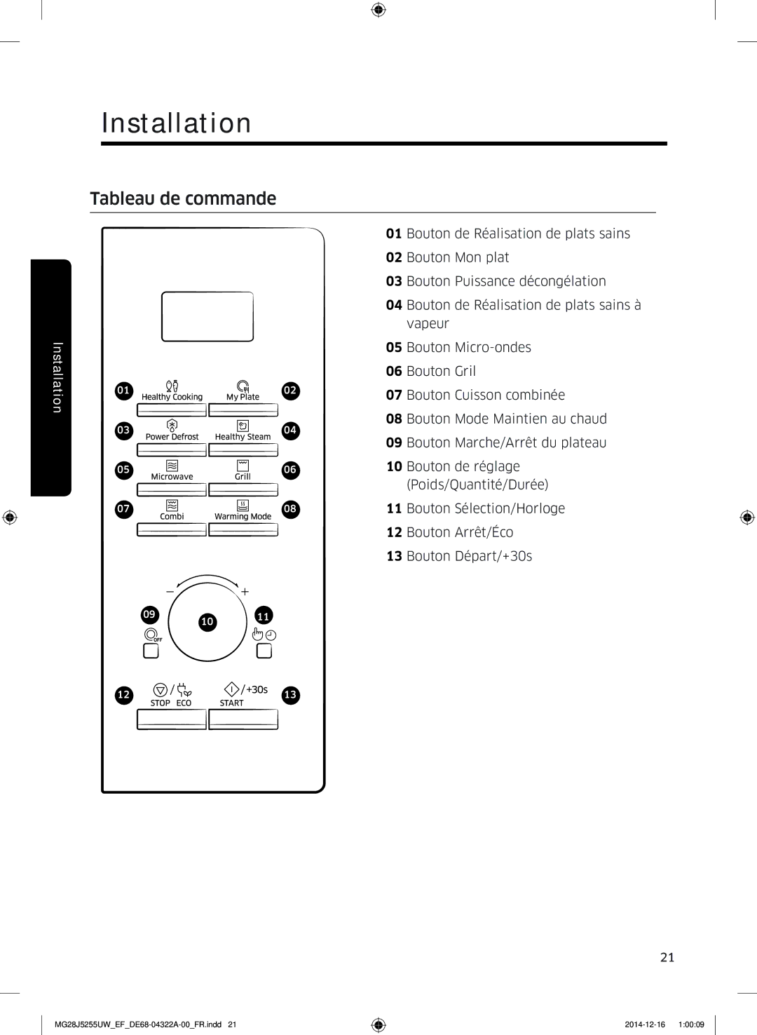 Samsung MG28J5255UW/EF manual Tableau de commande 