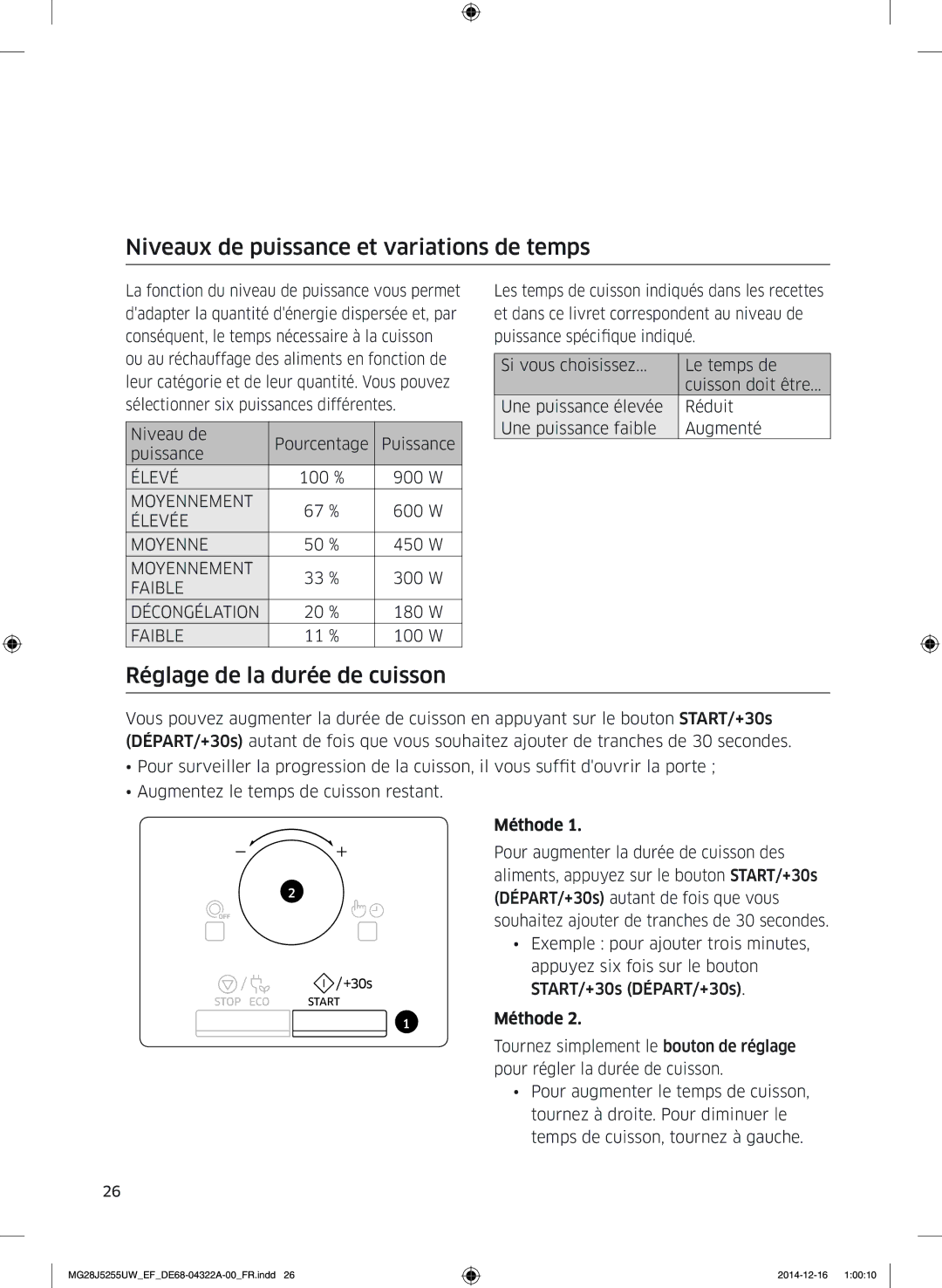 Samsung MG28J5255UW/EF manual Niveaux de puissance et variations de temps, Réglage de la durée de cuisson 