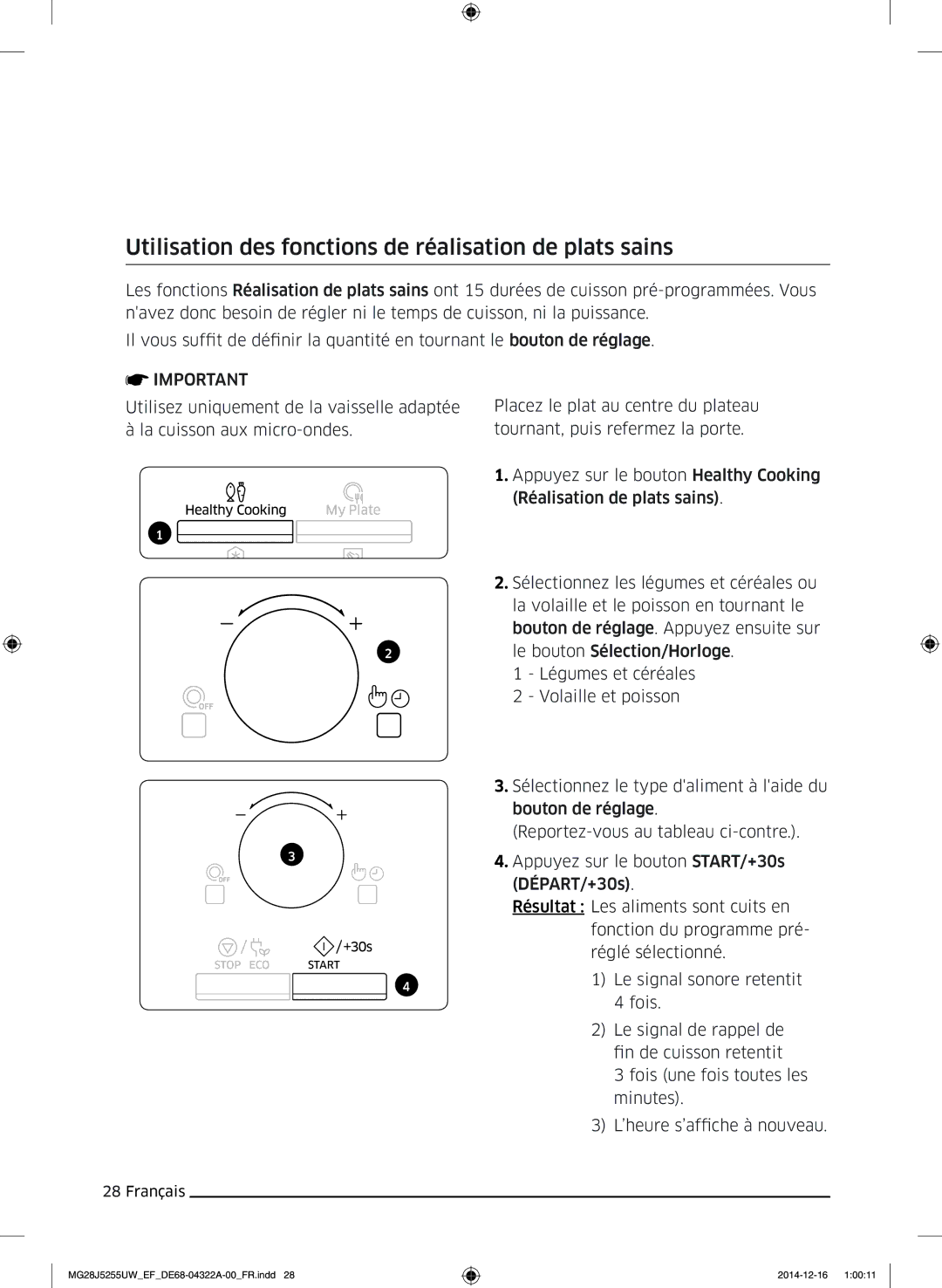 Samsung MG28J5255UW/EF manual Utilisation des fonctions de réalisation de plats sains 