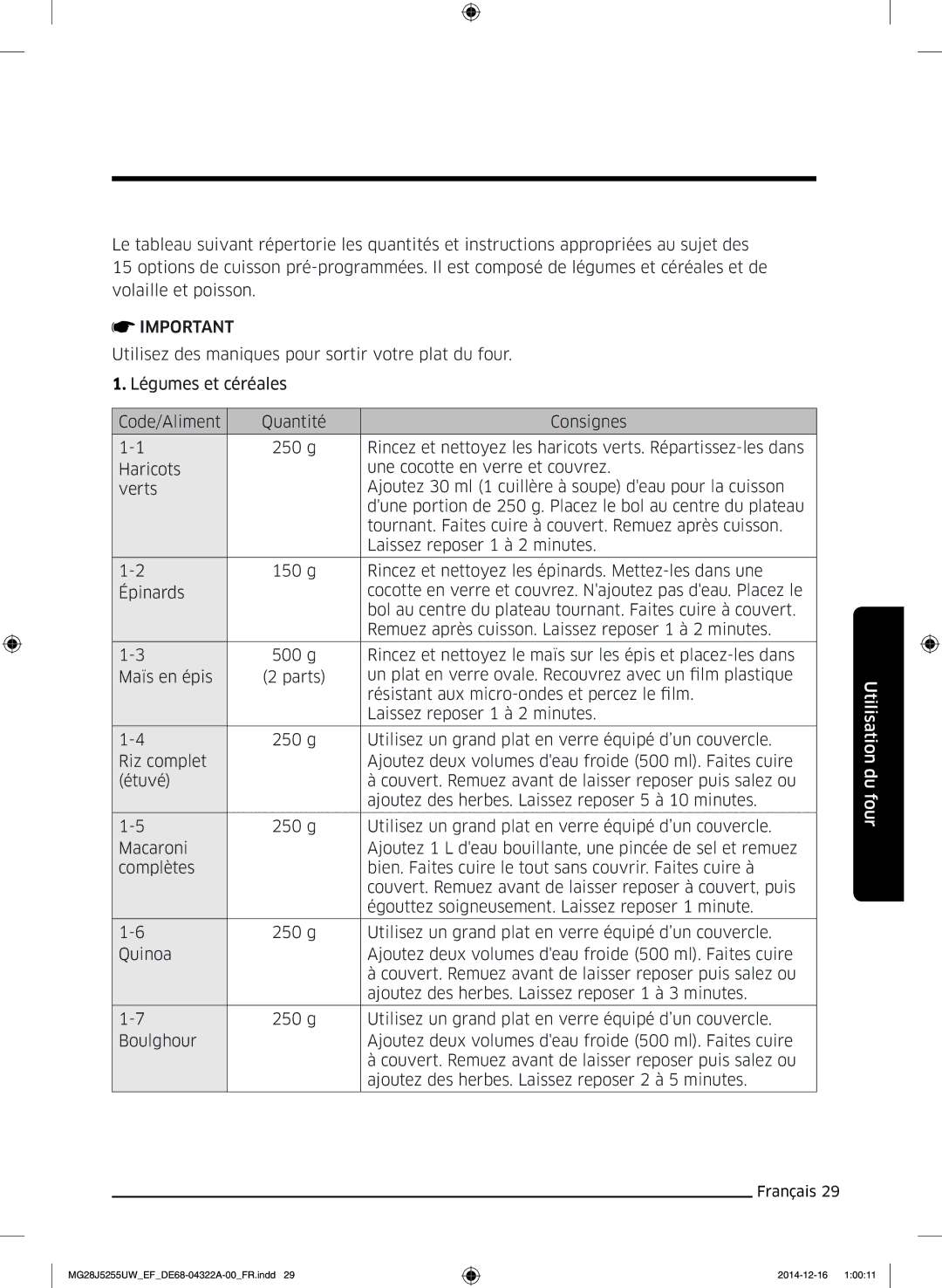 Samsung MG28J5255UW/EF manual Utilisation du four 