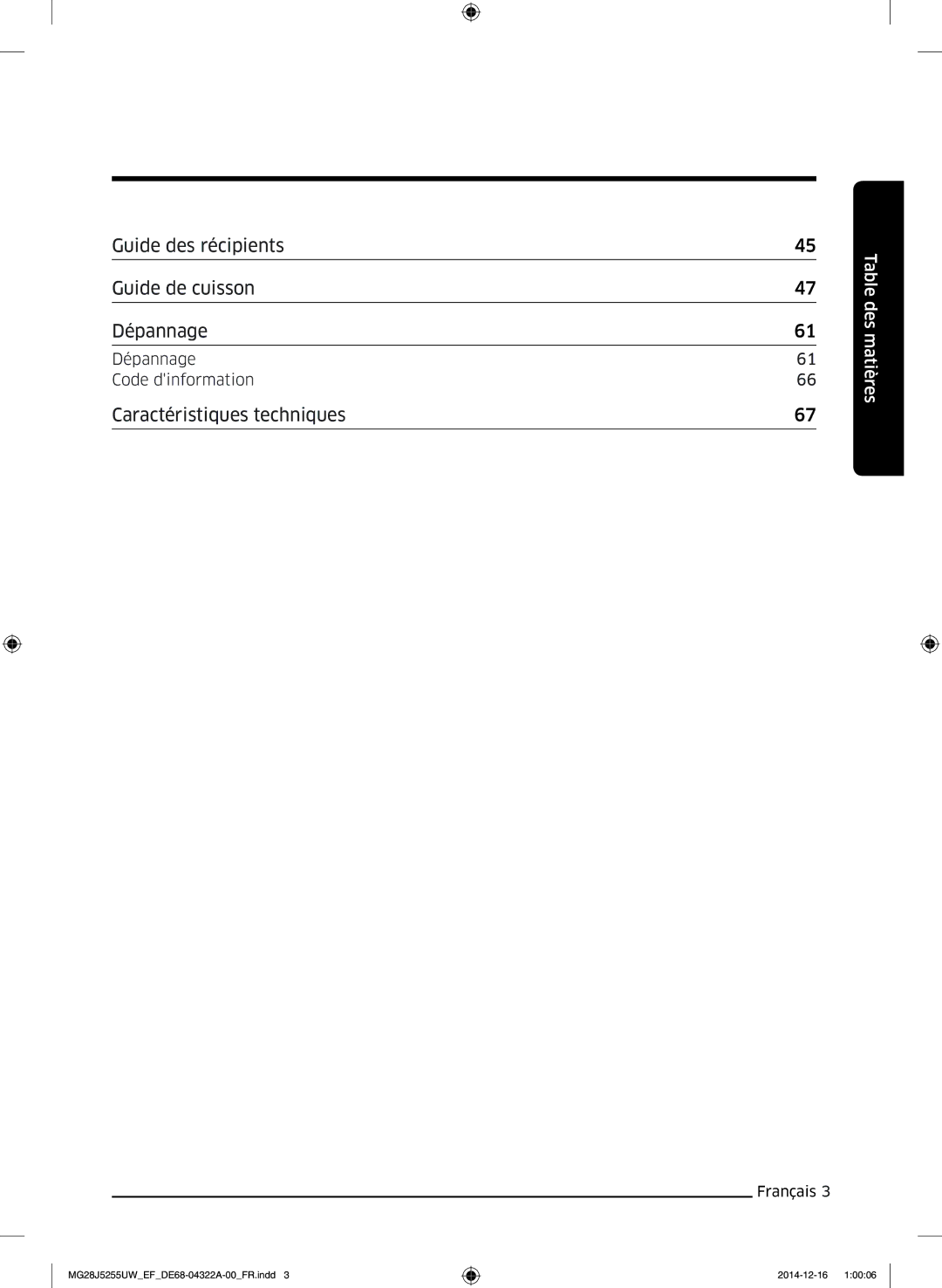 Samsung MG28J5255UW/EF manual Guide des récipients Guide de cuisson Dépannage, Caractéristiques techniques 