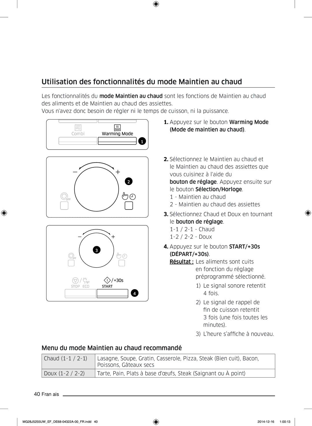 Samsung MG28J5255UW/EF manual Utilisation des fonctionnalités du mode Maintien au chaud 