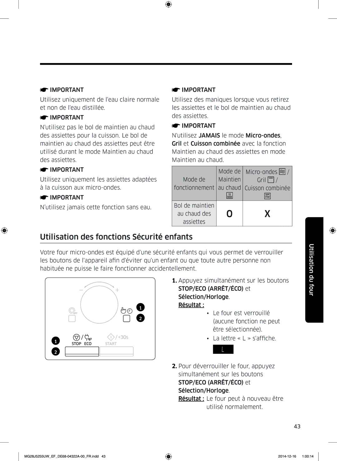 Samsung MG28J5255UW/EF manual Utilisation des fonctions Sécurité enfants 