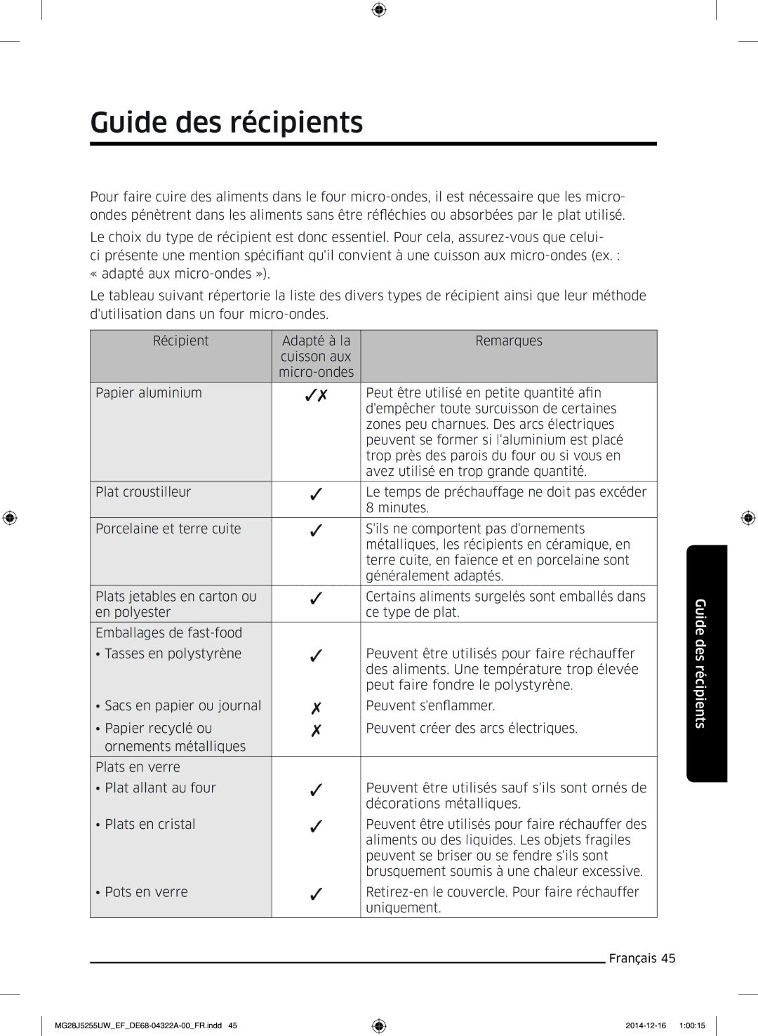 Samsung MG28J5255UW/EF manual Guide des récipients 