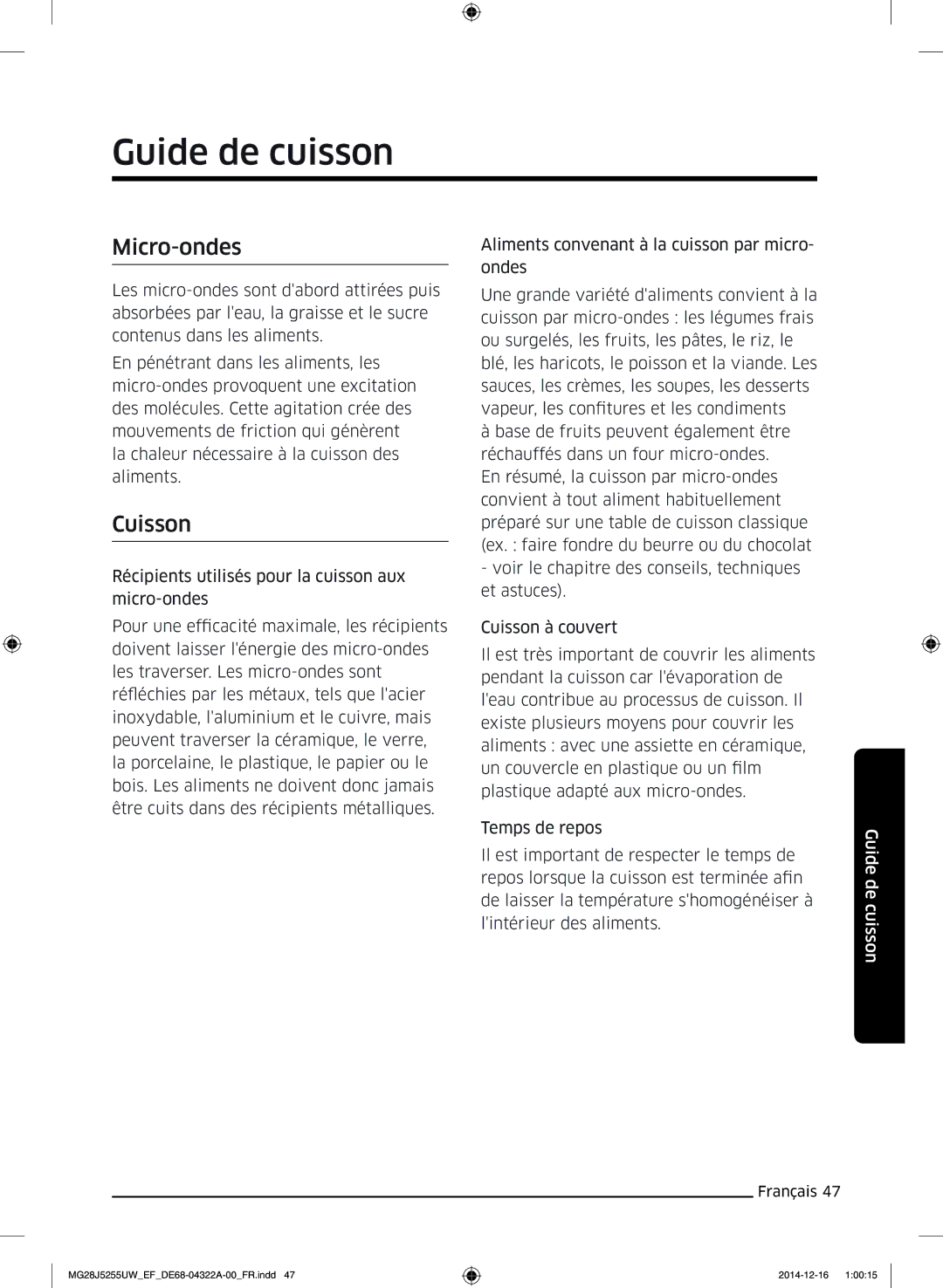 Samsung MG28J5255UW/EF manual Guide de cuisson, Micro-ondes, Cuisson 