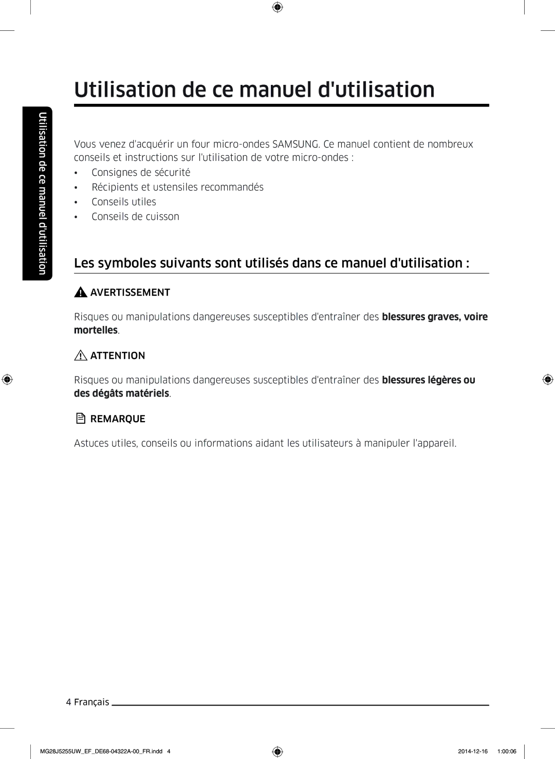 Samsung MG28J5255UW/EF manual Utilisation de ce manuel dutilisation, Avertissement 