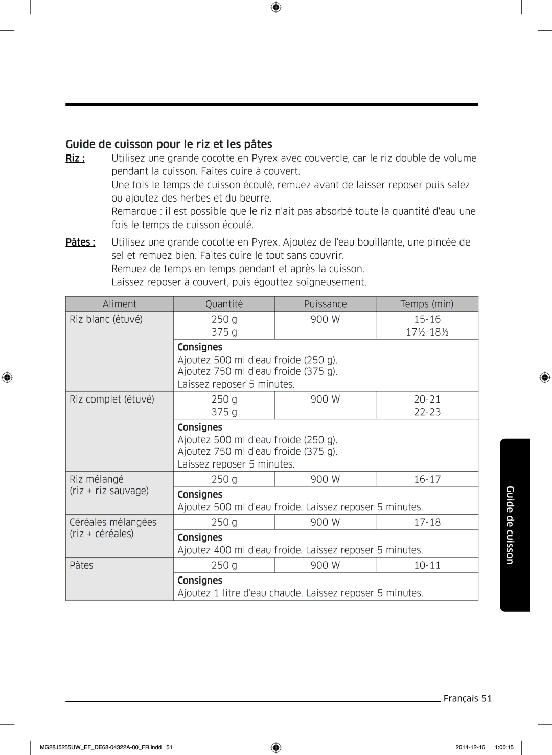 Samsung MG28J5255UW/EF manual Guide de cuisson pour le riz et les pâtes 