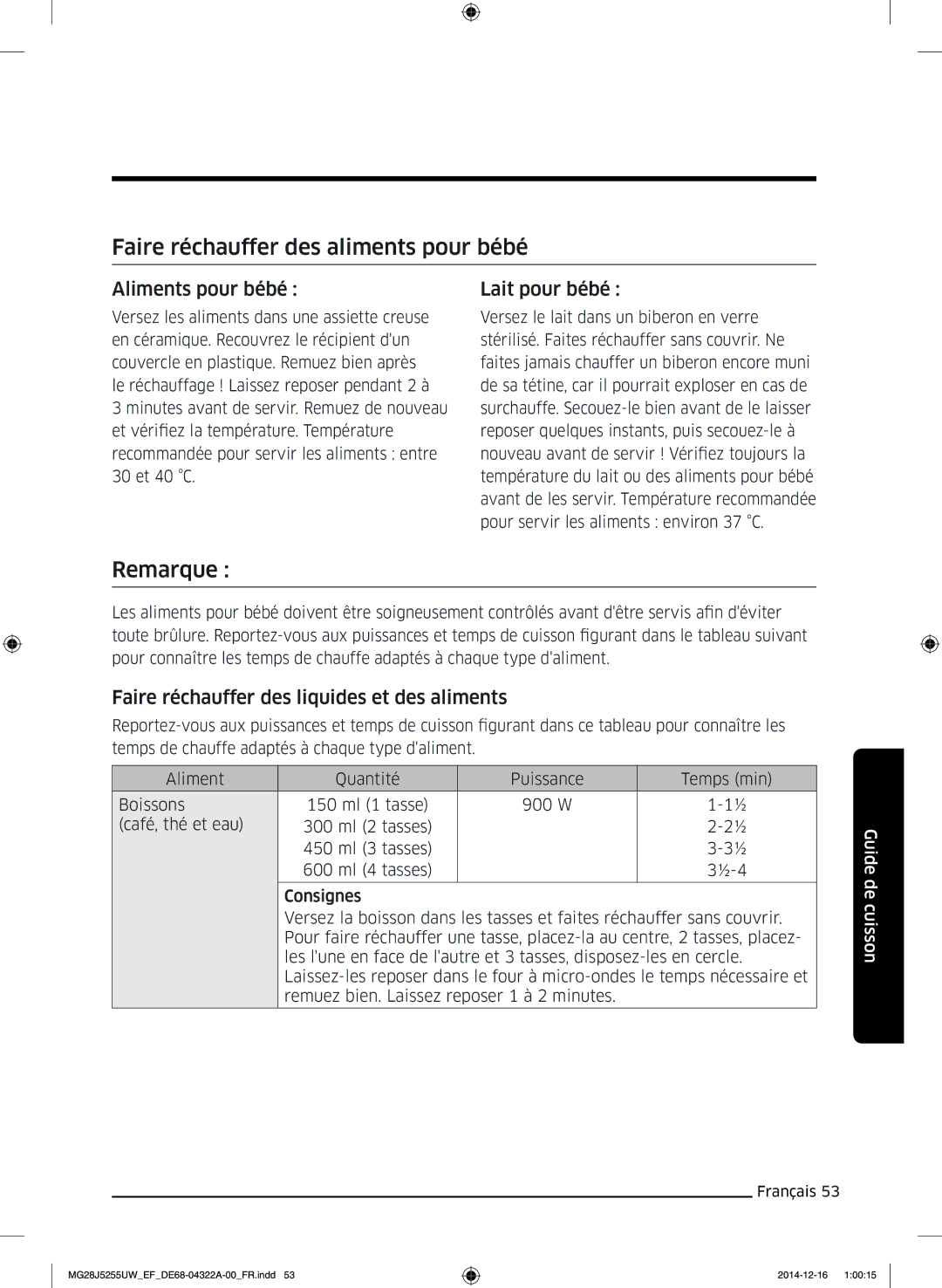 Samsung MG28J5255UW/EF manual Faire réchauffer des aliments pour bébé, Remarque, Aliments pour bébé Lait pour bébé 