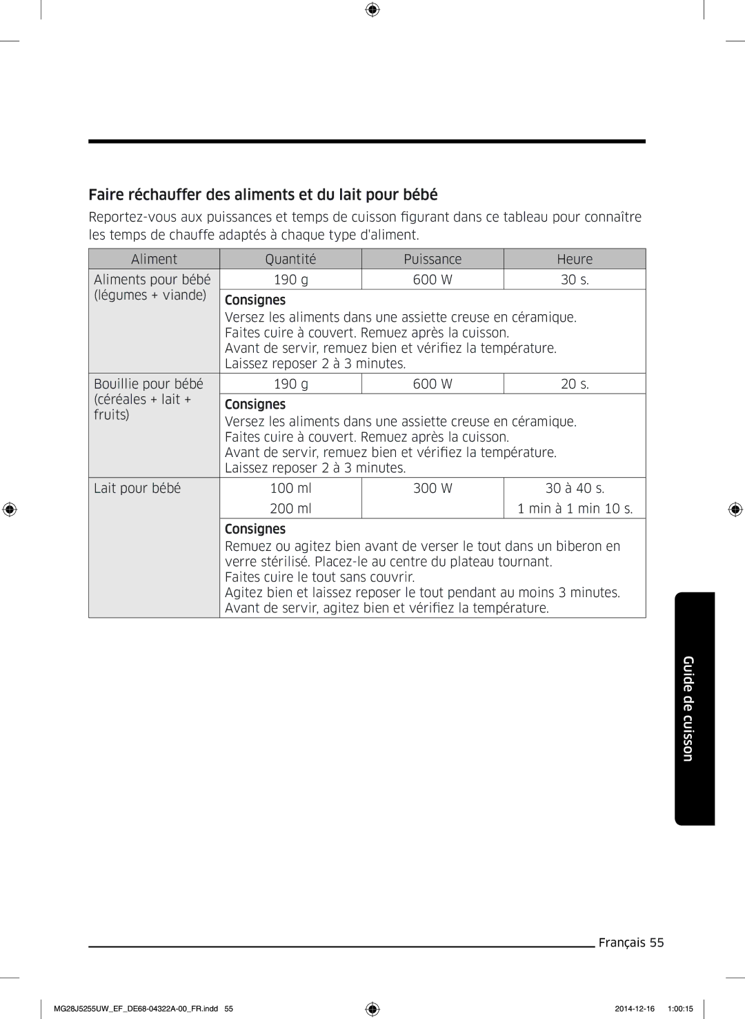 Samsung MG28J5255UW/EF manual Faire réchauffer des aliments et du lait pour bébé 