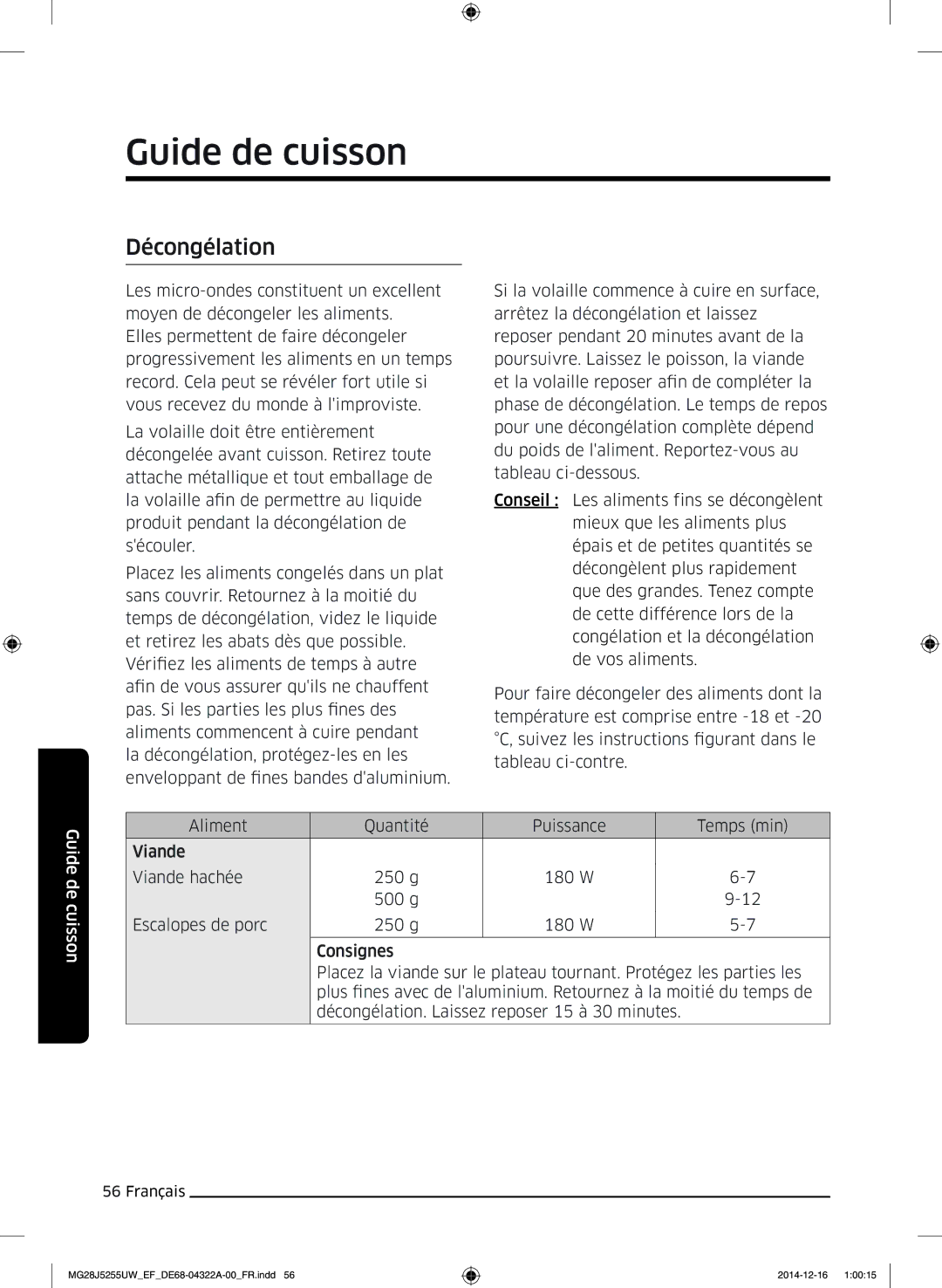 Samsung MG28J5255UW/EF manual Décongélation 