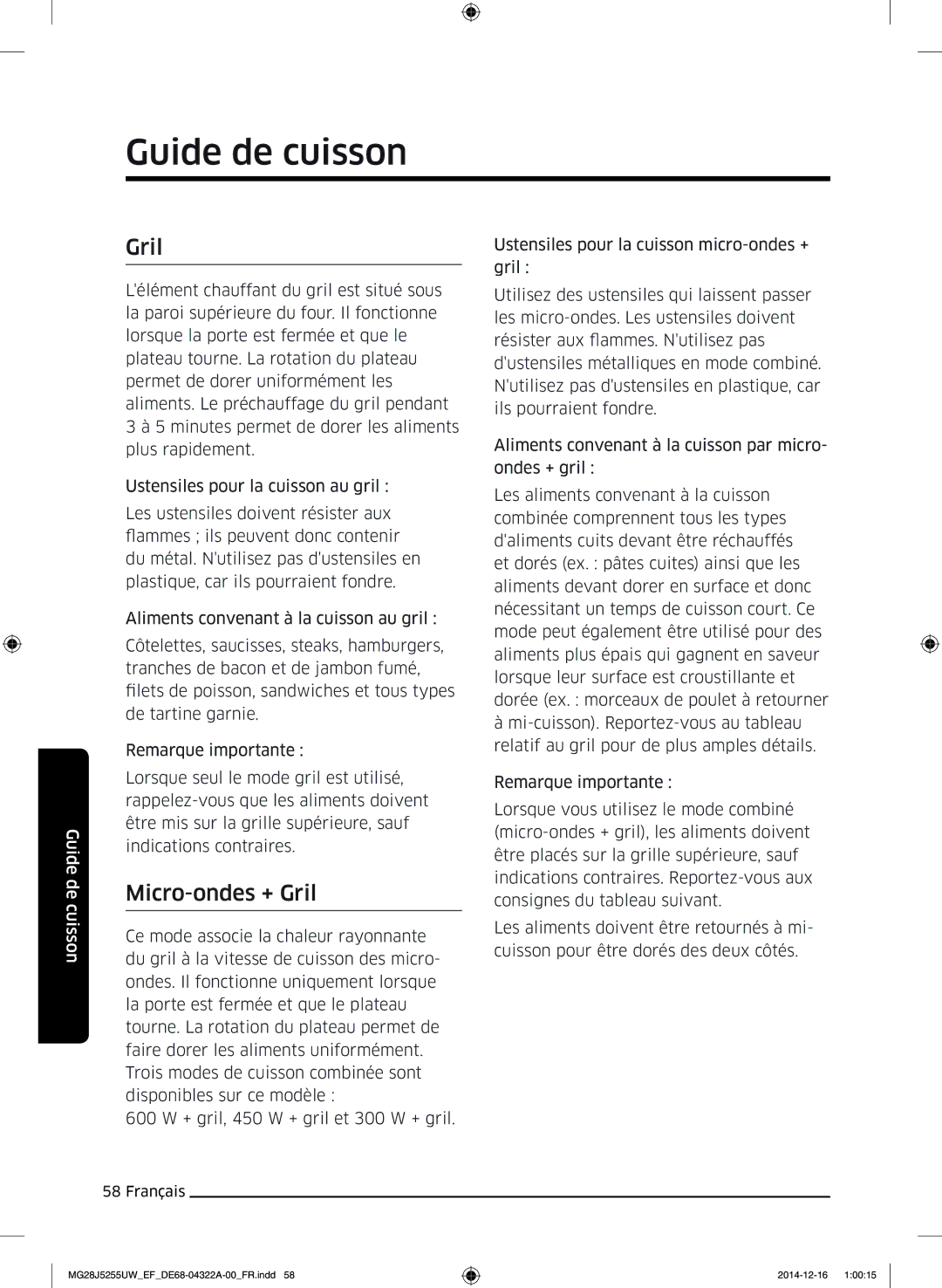 Samsung MG28J5255UW/EF manual Micro-ondes + Gril 