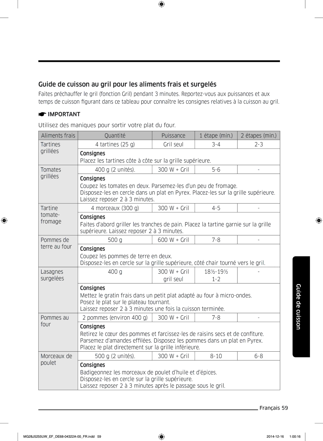 Samsung MG28J5255UW/EF manual Guide de cuisson au gril pour les aliments frais et surgelés 