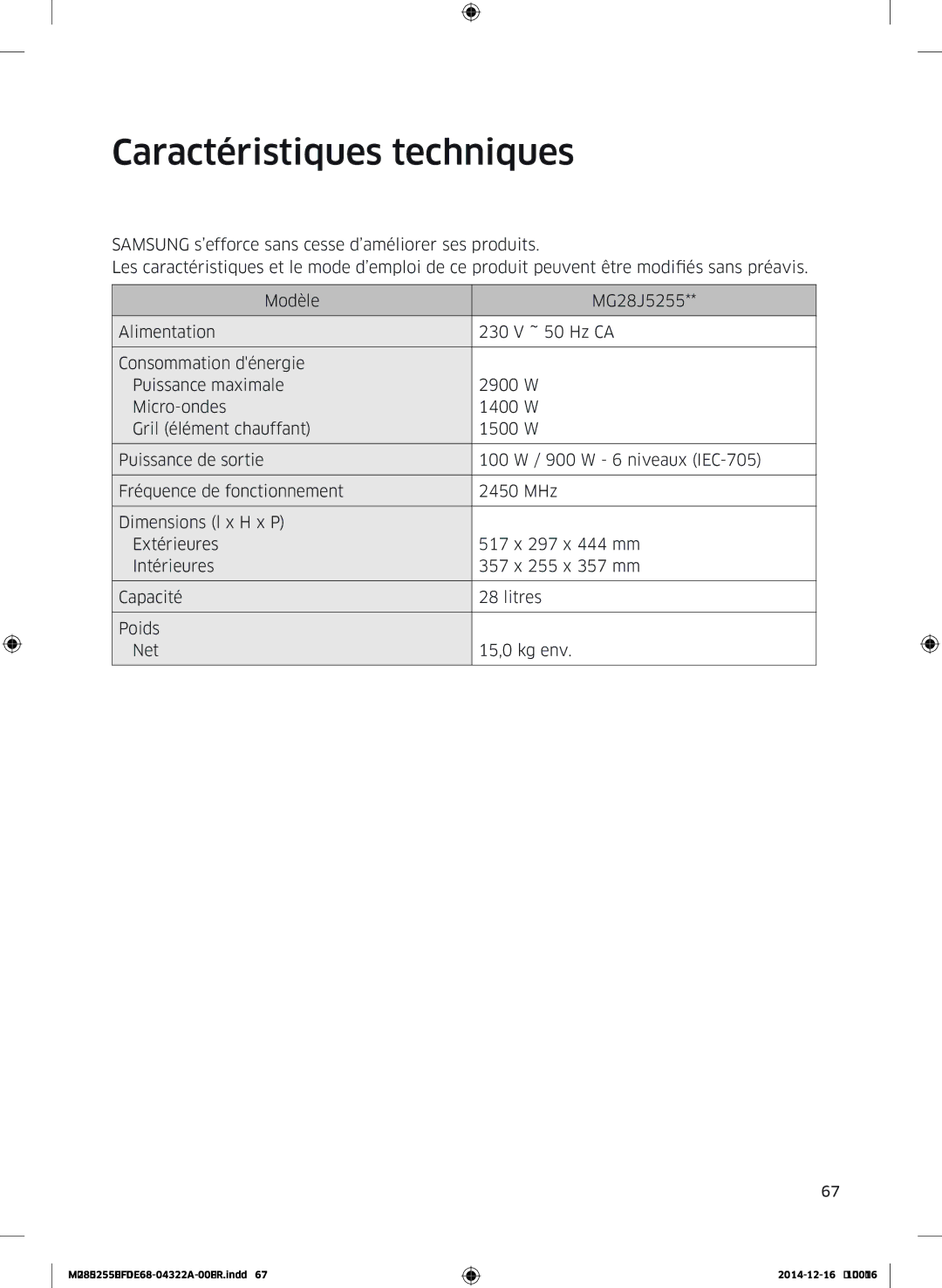 Samsung MG28J5255UW/EF manual Caractéristiques techniques 