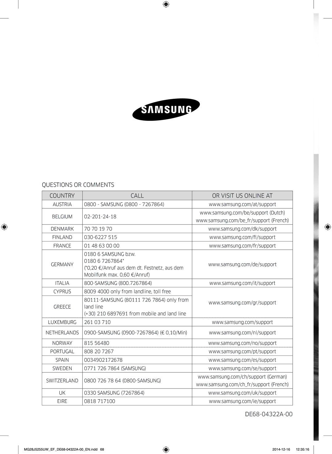 Samsung MG28J5255UW/EF manual Questions or Comments Country Call Or Visit US Online AT 