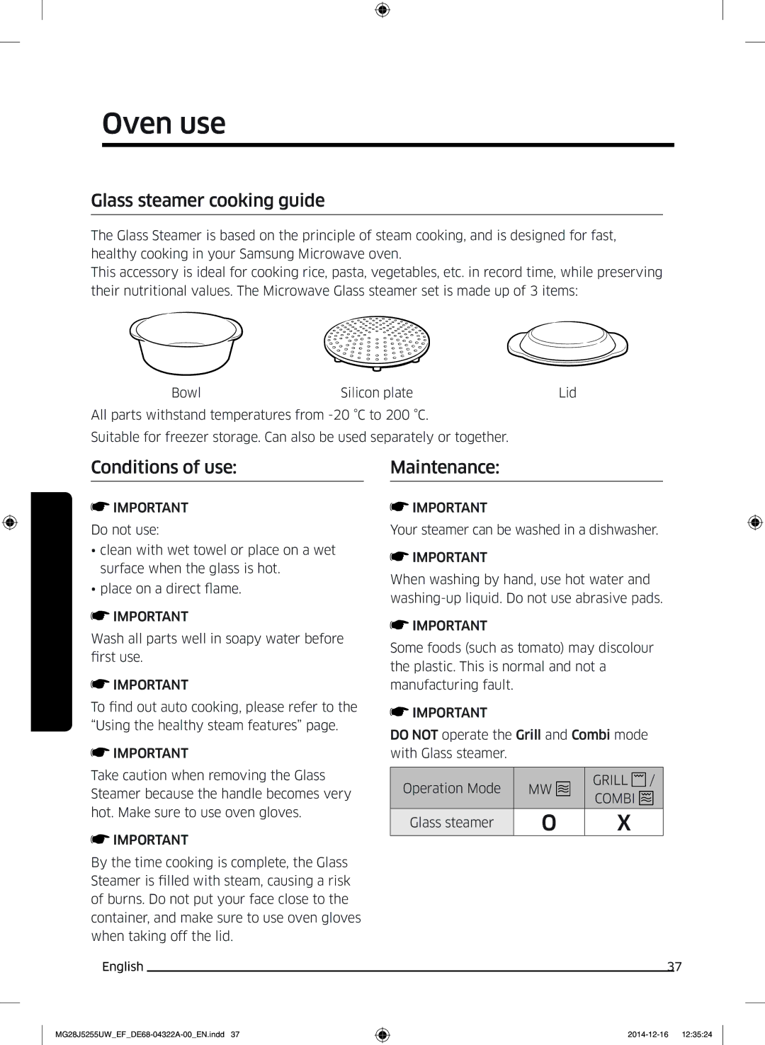 Samsung MG28J5255UW/EF manual Glass steamer cooking guide, Conditions of use, Maintenance 