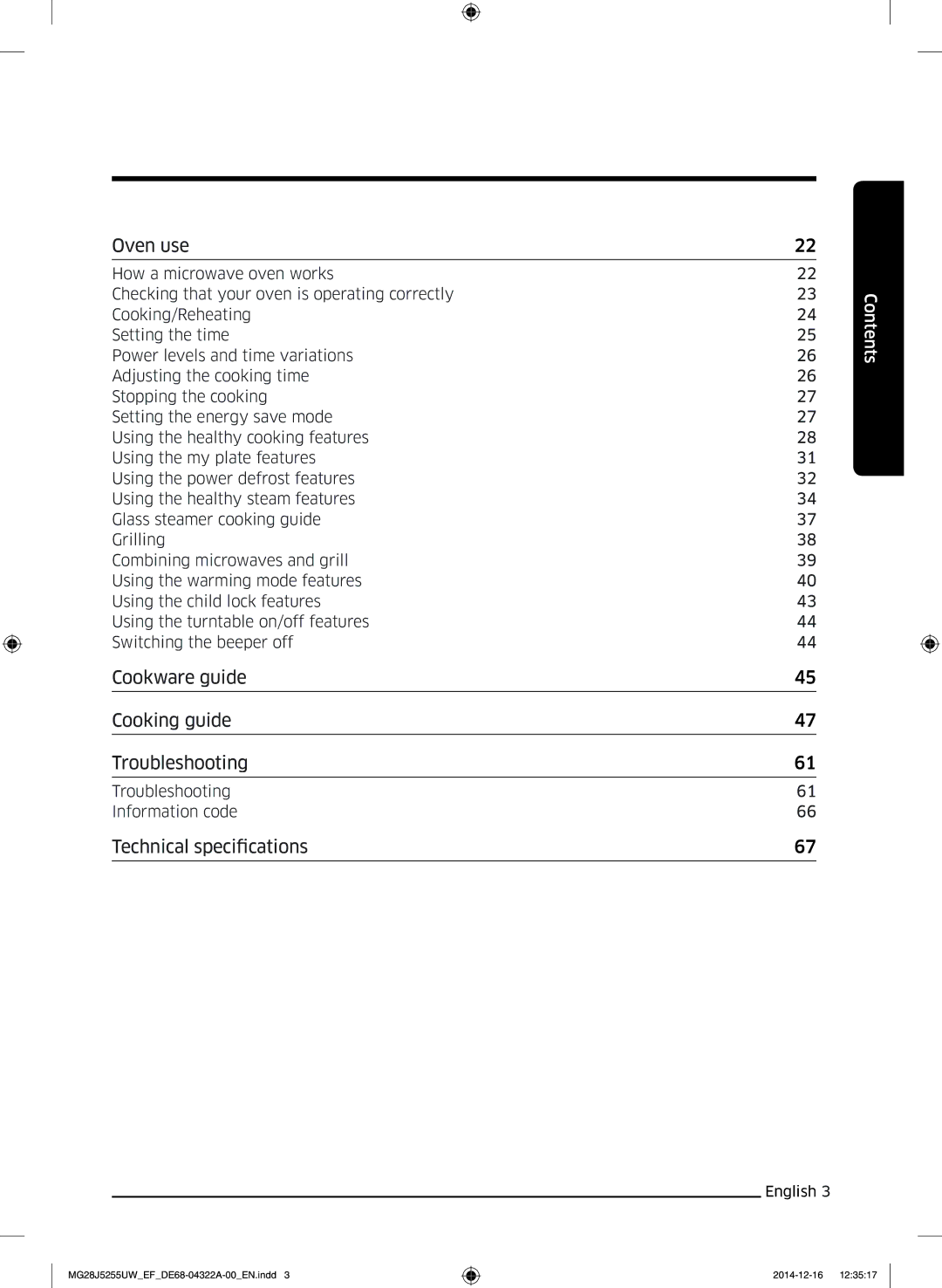Samsung MG28J5255UW/EF manual Oven use, Cookware guide Cooking guide Troubleshooting, Technical specifications 